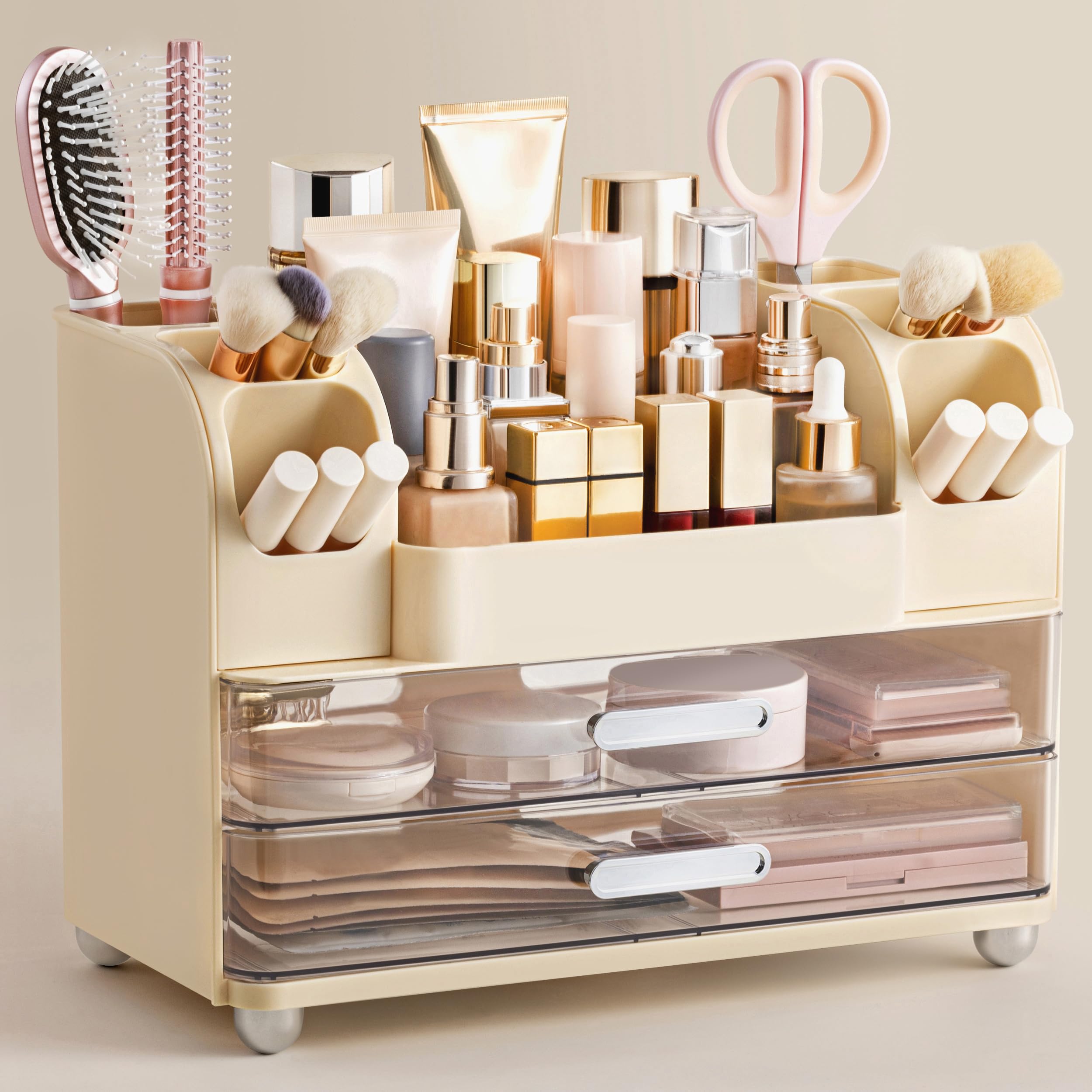 White Large Vanity Cosmetic Organizer with Brush Holder for Skincare & Makeup Storage