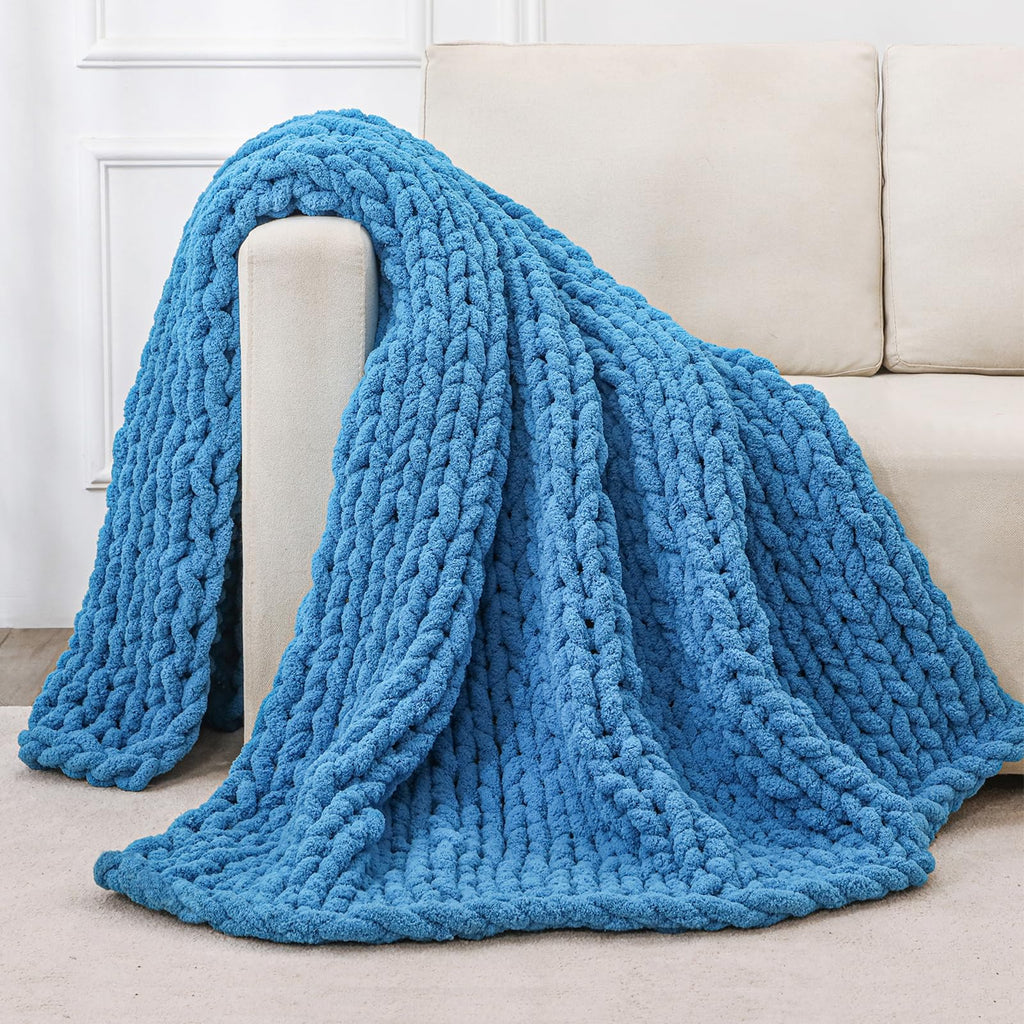 40×60" Beige Hand Knit Jumbo Chenille Chunky Knit Throw Blanket for Sofa & Bed