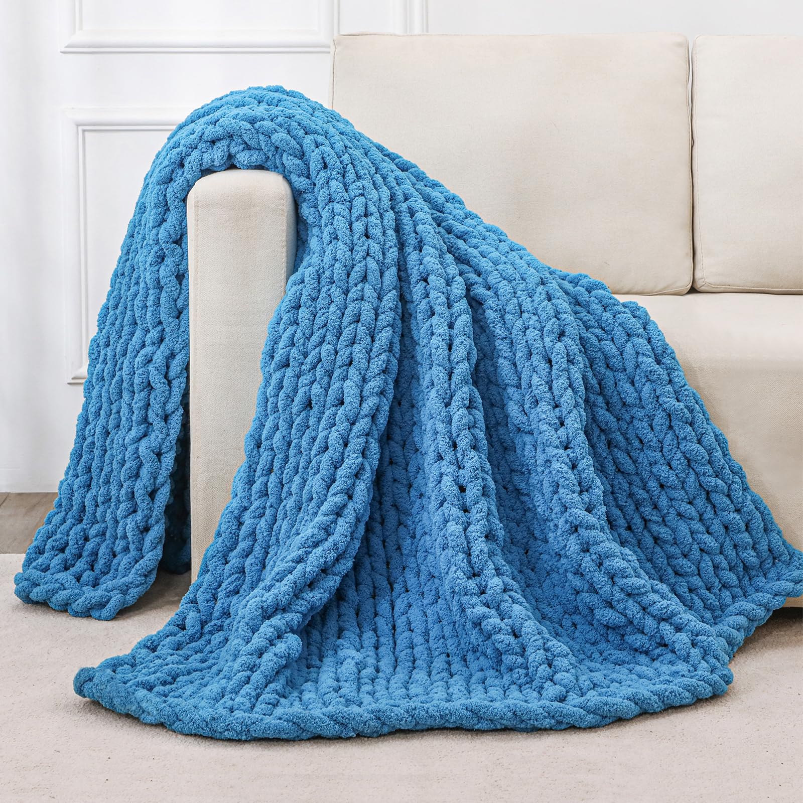 40×60" Beige Hand Knit Jumbo Chenille Chunky Knit Throw Blanket for Sofa & Bed