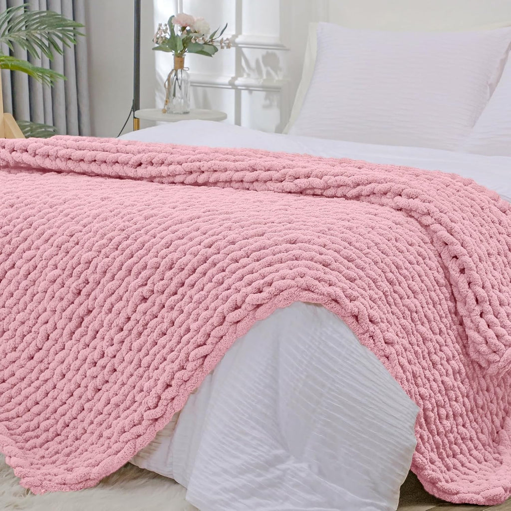 40×60" Beige Hand Knit Jumbo Chenille Chunky Knit Throw Blanket for Sofa & Bed