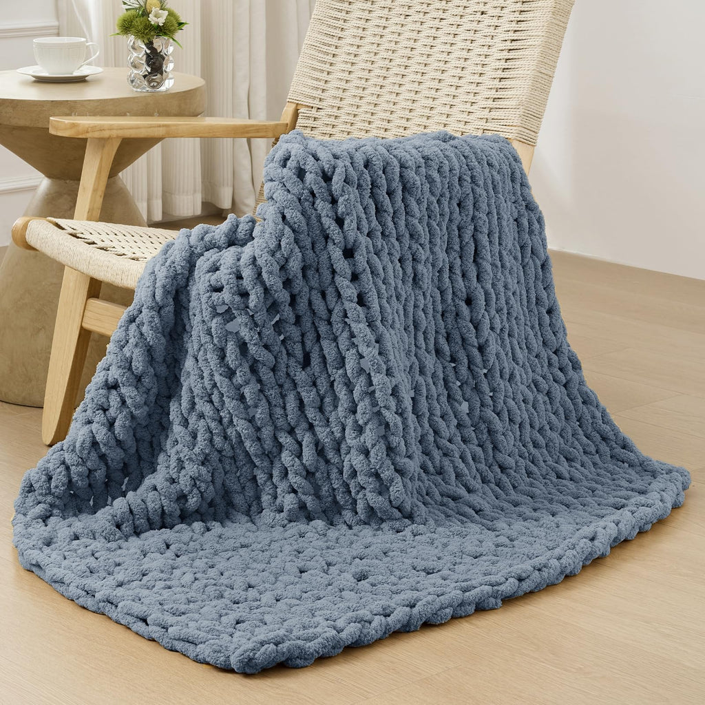 40×60" Beige Hand Knit Jumbo Chenille Chunky Knit Throw Blanket for Sofa & Bed