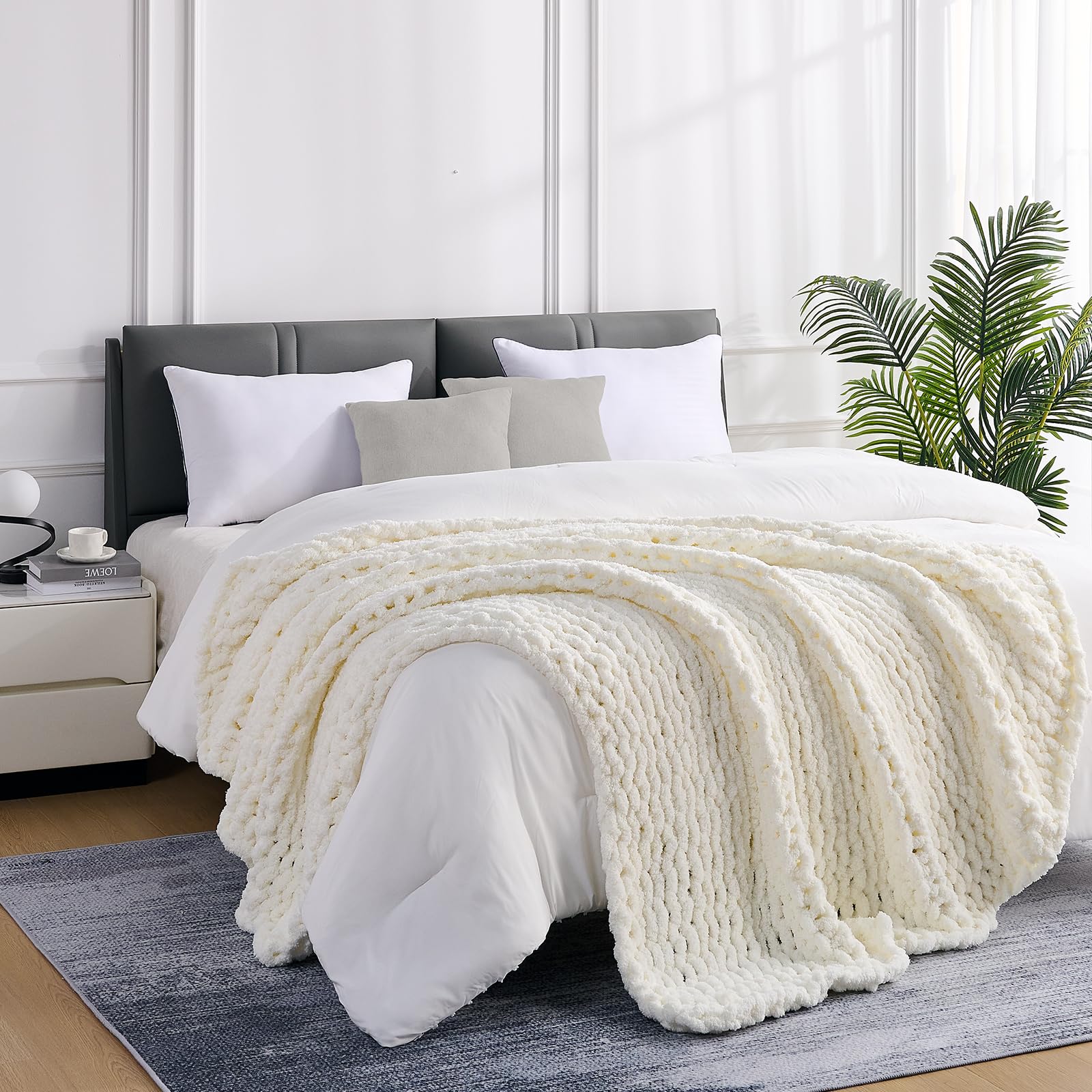 L'AGRATY Chunky Knit Blanket - Soft Chunky Throw 60x80 inches: 100% Hand Kintted Chenile Crochet Throw for Couch - Large Cable Knit Blanket for Home Decor (Ivory)