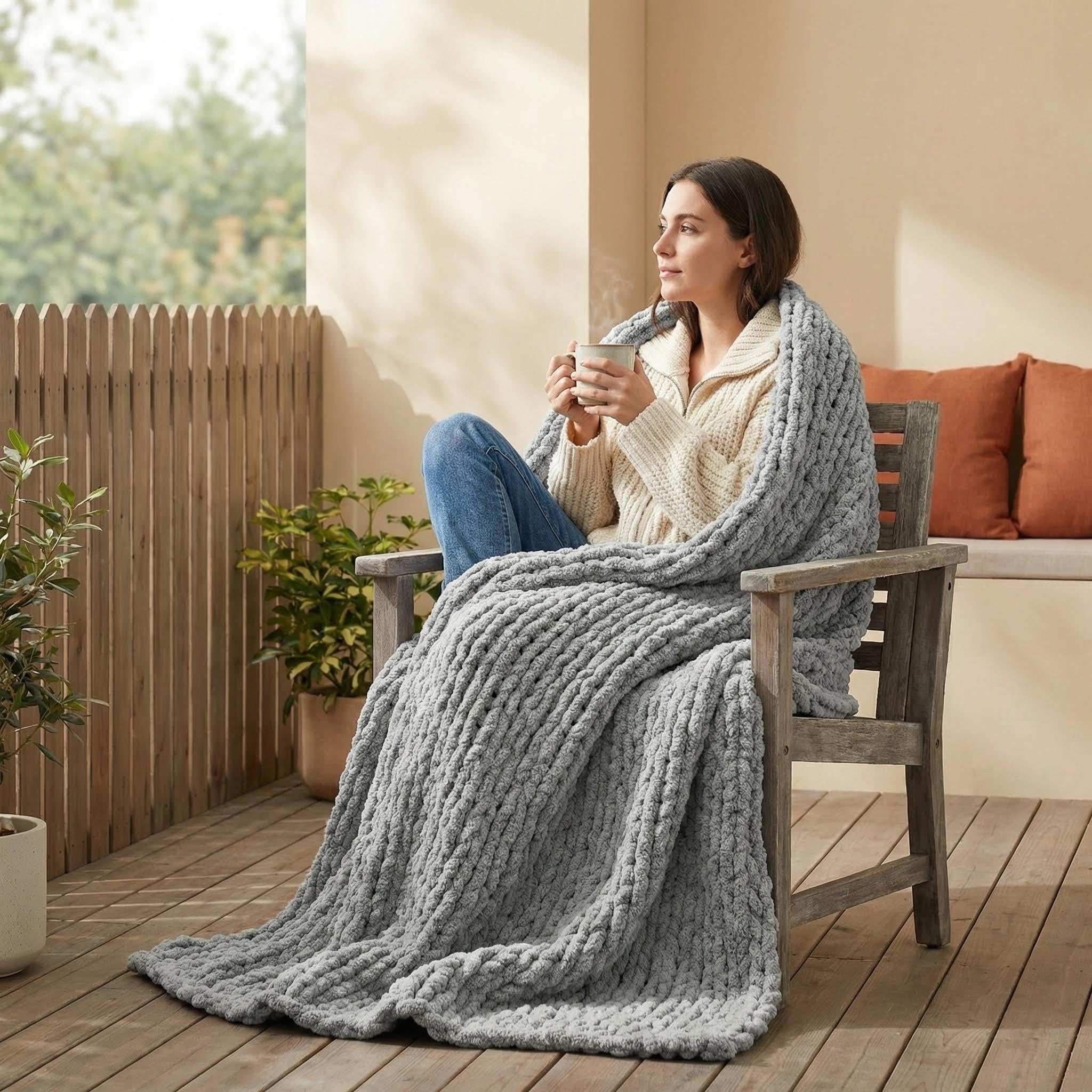Amélie Home Chunky Knit Throw Blanket for Couch, Soft Chenille Handmade Crochet Throw Rope Knit Blanket for Bed, 40"x50", Ivory