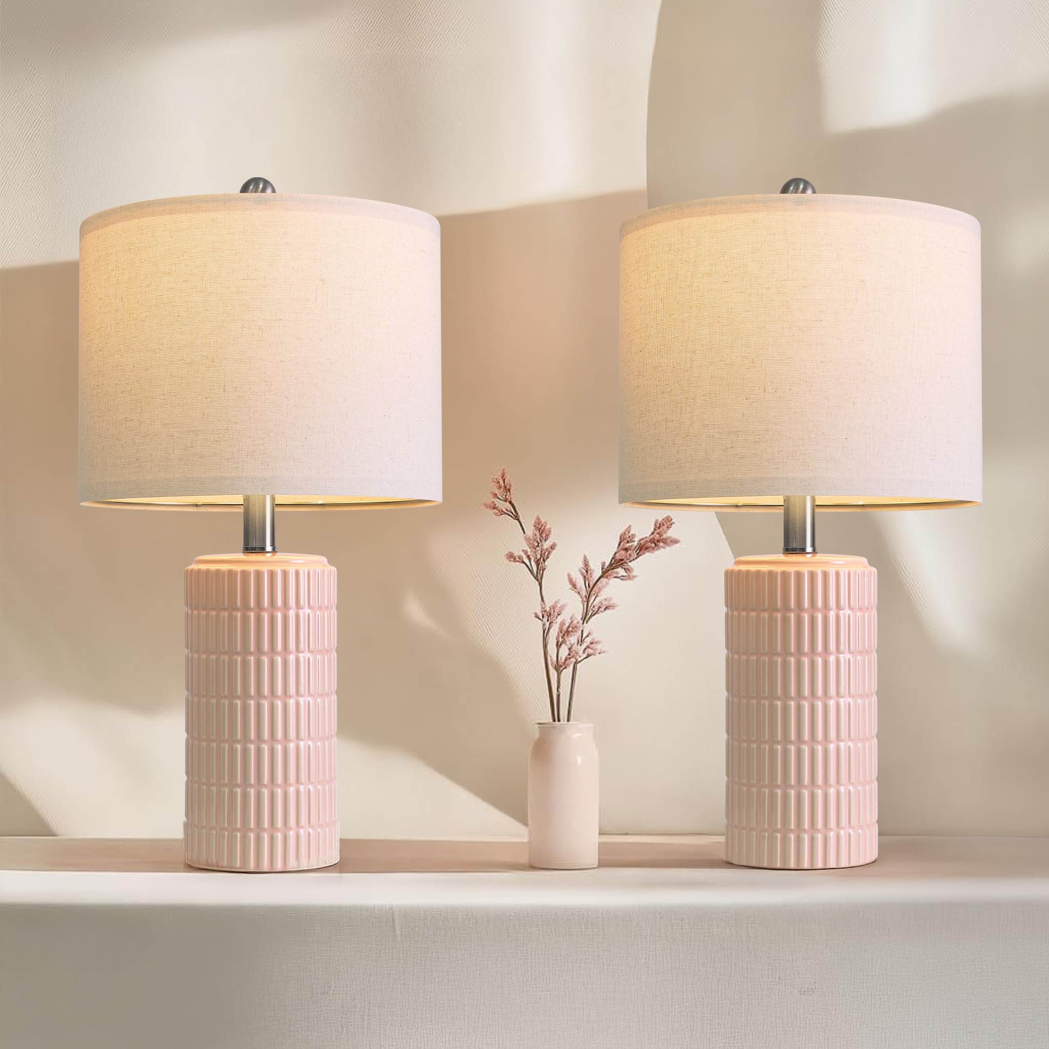 PoKat 20.75" Small Modern Ceramic Table Lamps Set of 2 for Bedroom, White Bedside Lamps for Night Stands, Farmhouse Desk Decor Gift Nightstand Table Lamps for Living Room End Table Beige
