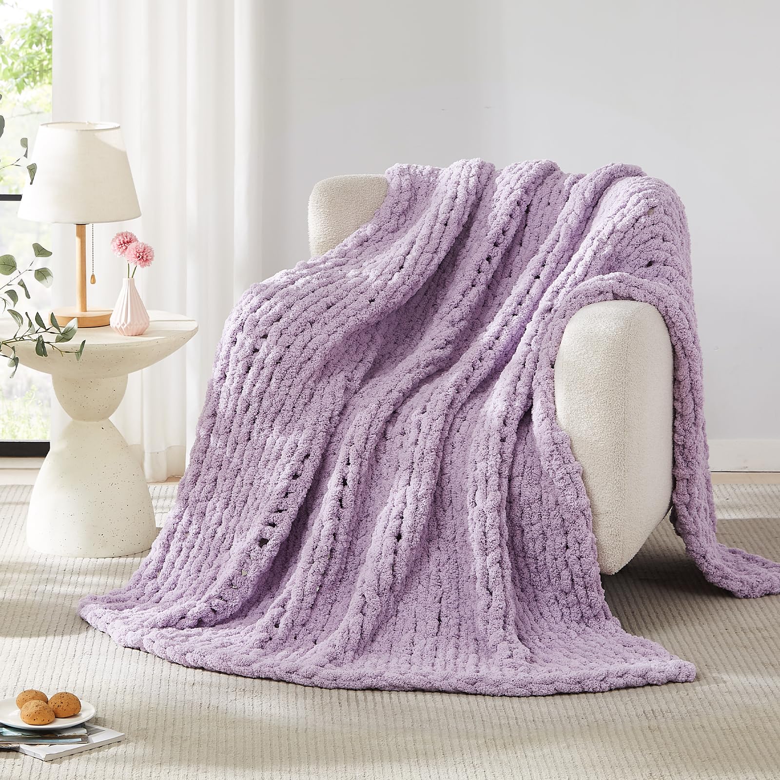 L'AGRATY Chunky Knit Blanket Throw,Soft Chenille Yarn Throw Blanket 50x60，Handmade Cable Knit Crochet Blanket,Large Knit Blankets Chunky Yarn,Rope Knot Throw Blanket for Couch Sofa Bed Home Decor