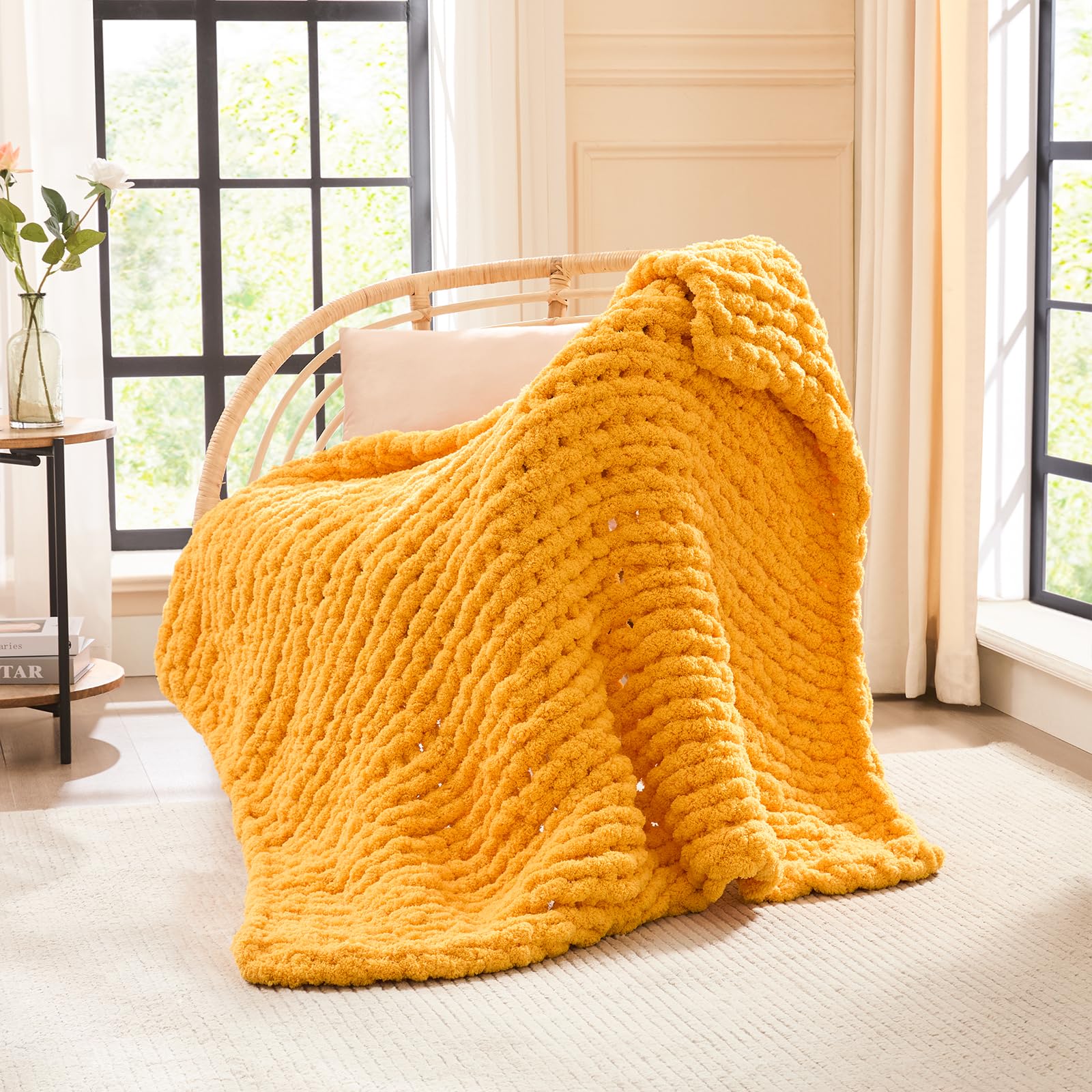 L'AGRATY Chunky Knit Blanket Throw,Soft Chenille Yarn Throw Blanket 50x60，Handmade Cable Knit Crochet Blanket,Large Knit Blankets Chunky Yarn,Rope Knot Throw Blanket for Couch Sofa Bed Home Decor