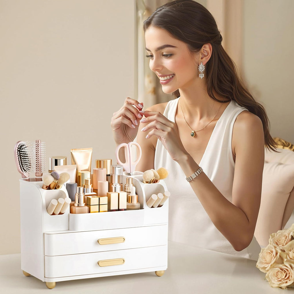 White Large Vanity Cosmetic Organizer with Brush Holder for Skincare & Makeup Storage