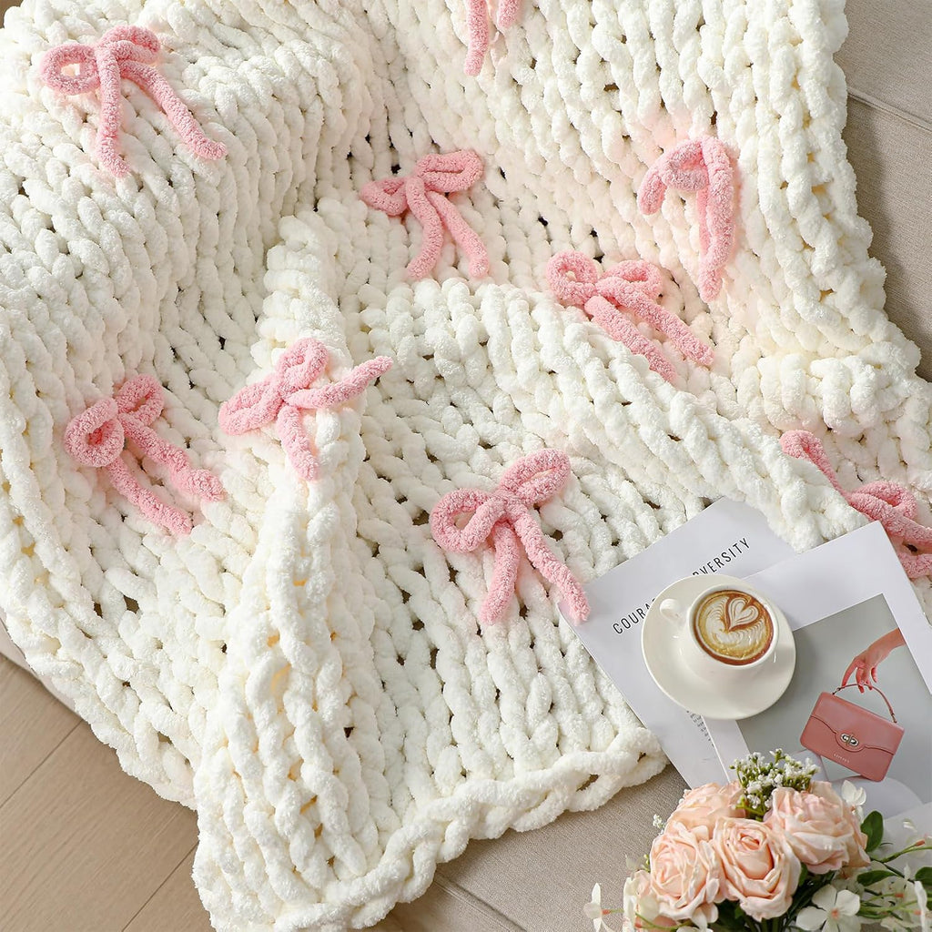 Mindsoft Pink Bow Chunky Knit Blanket Throw Large 50" X 60" 100% Handmade Cream Chenille Loop Yarn Fluffy Soft Knitted Throw Big Cozy Thick Cable Knit Crochet Blanket for Couch Sofa Bed