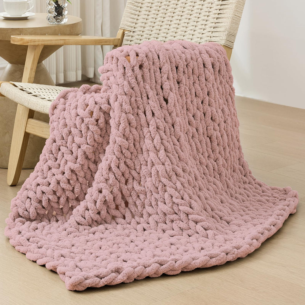 40×60" Beige Hand Knit Jumbo Chenille Chunky Knit Throw Blanket for Sofa & Bed