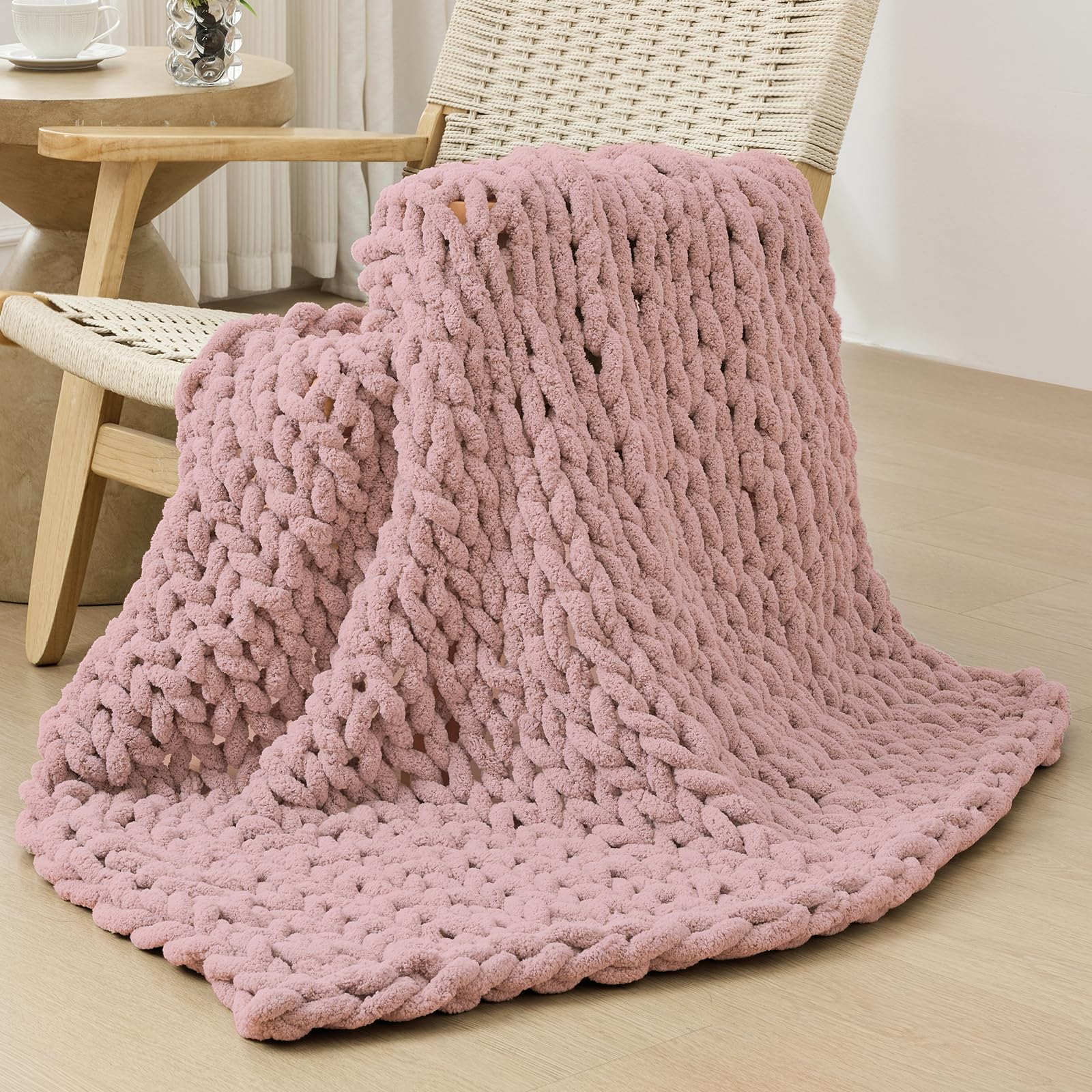 40×60" Beige Hand Knit Jumbo Chenille Chunky Knit Throw Blanket for Sofa & Bed
