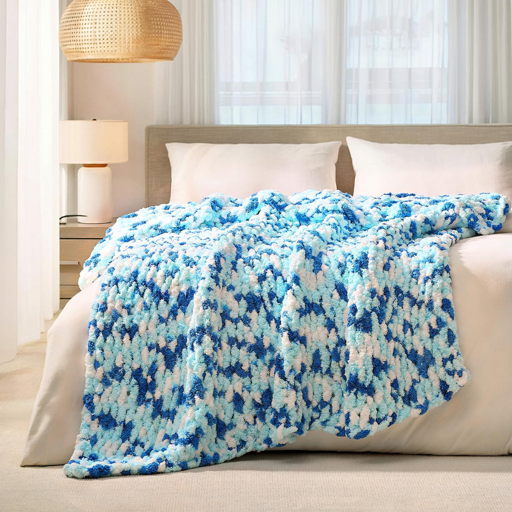 L'AGRATY Chunky Knit Blanket - Soft Chunky Throw 60x80 inches: 100% Hand Kintted Chenile Crochet Throw for Couch - Large Cable Knit Blanket for Home Decor (Ivory)
