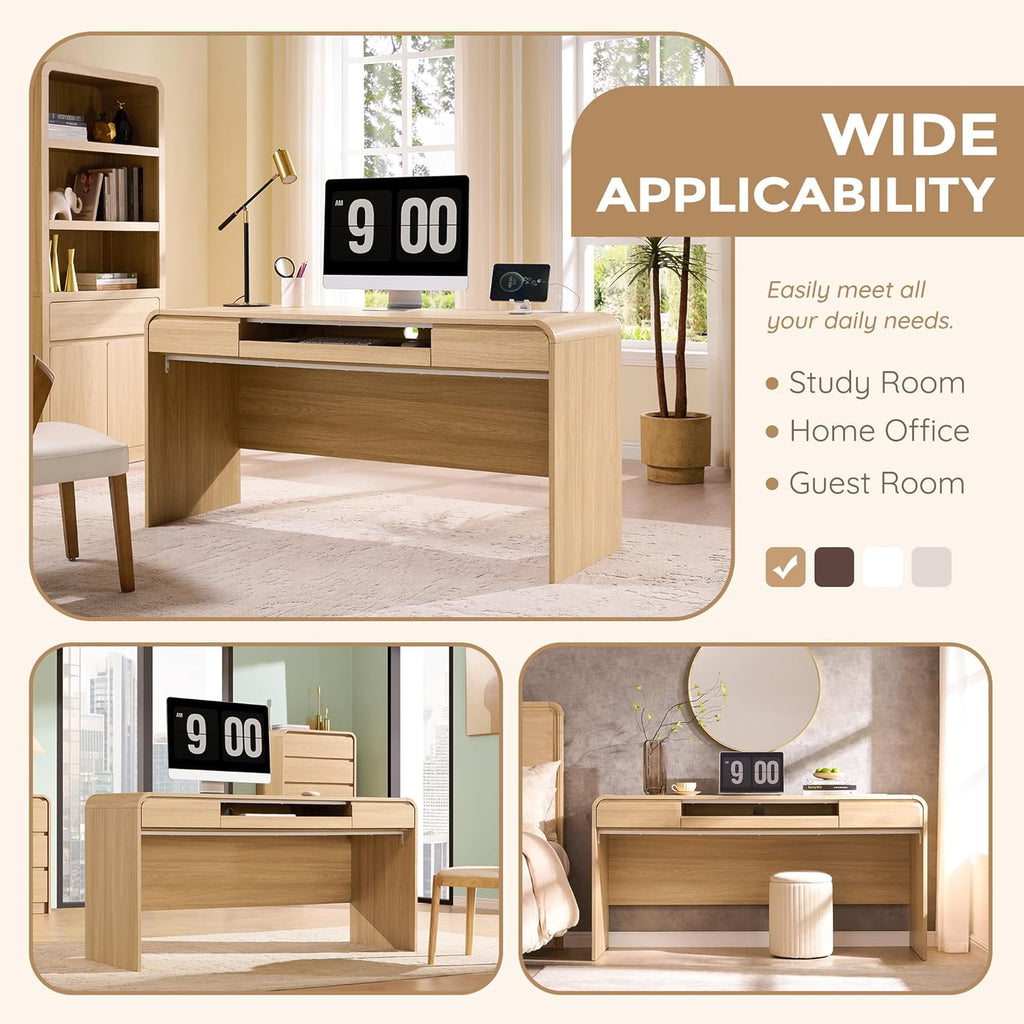 Natural 63" Modern Wood Computer Desk with Drawers, Keyboard Tray & Power Outlet for Home Office