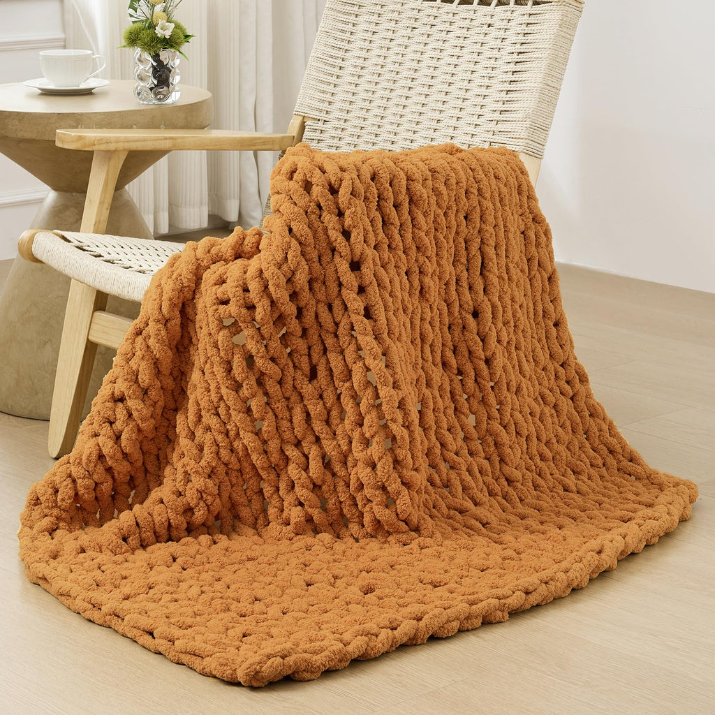 40×60" Beige Hand Knit Jumbo Chenille Chunky Knit Throw Blanket for Sofa & Bed