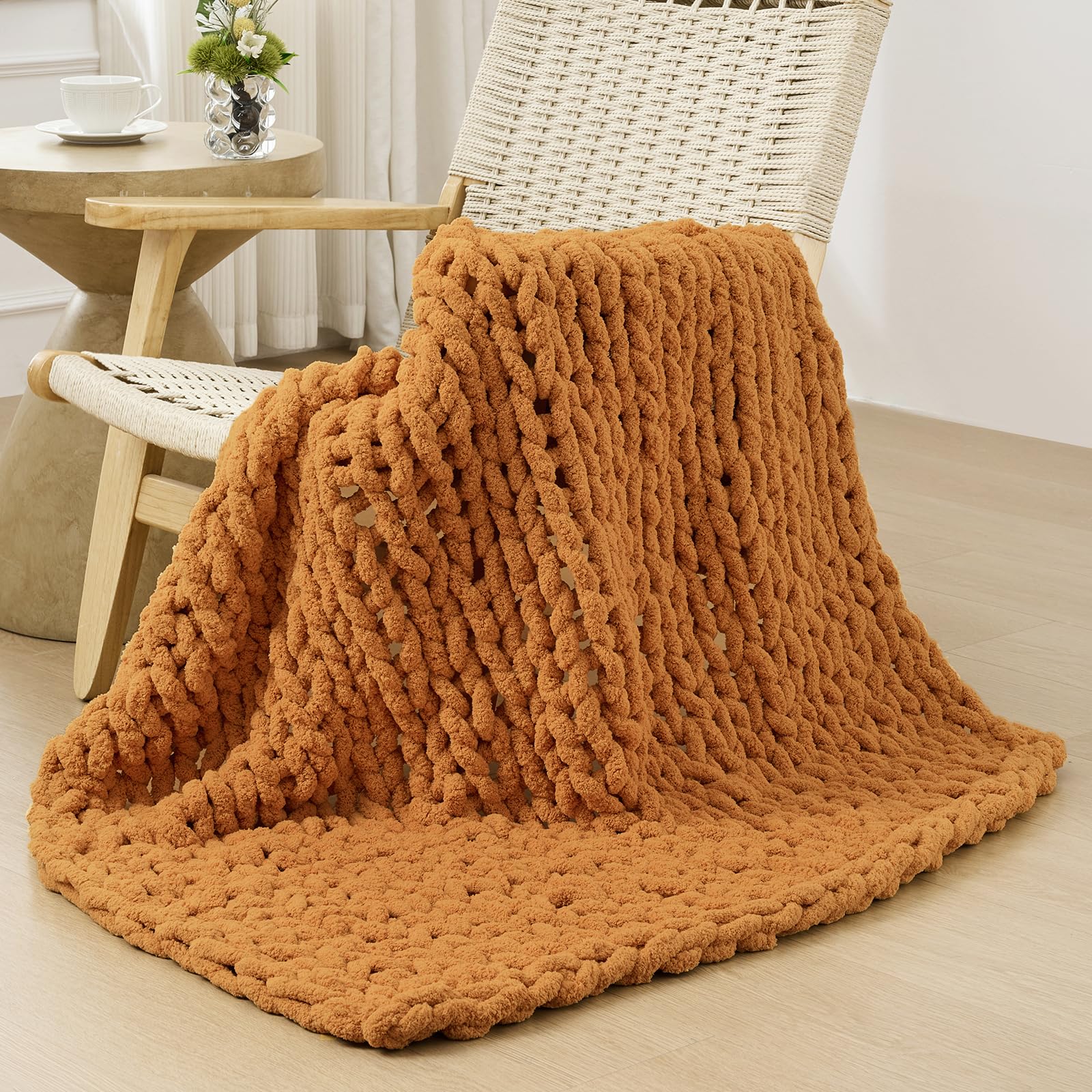 40×60" Beige Hand Knit Jumbo Chenille Chunky Knit Throw Blanket for Sofa & Bed
