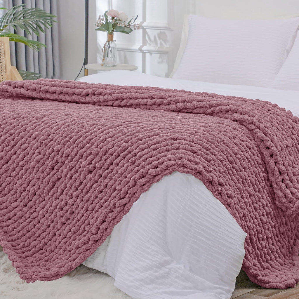 40×60" Beige Hand Knit Jumbo Chenille Chunky Knit Throw Blanket for Sofa & Bed