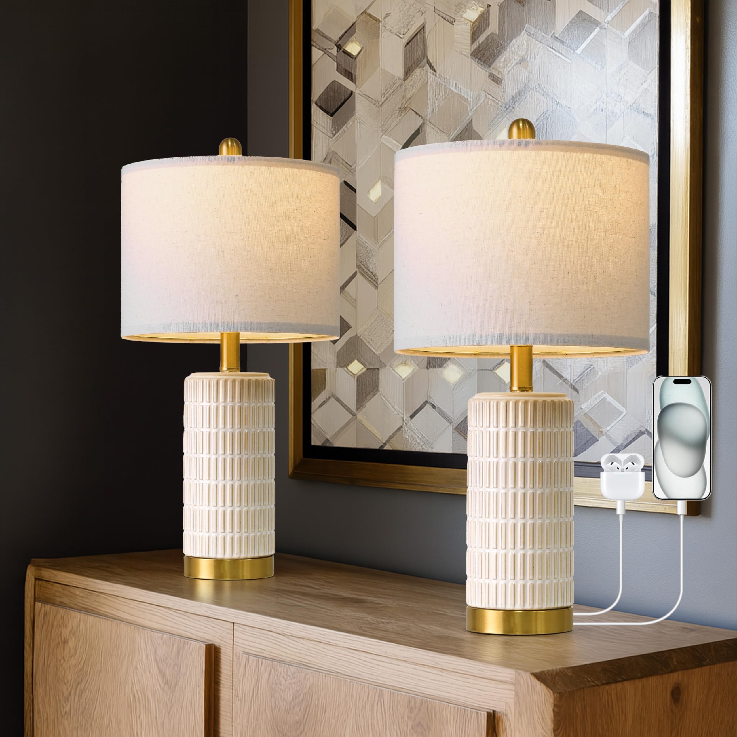 PoKat 20.75" Small Modern Ceramic Table Lamps Set of 2 for Bedroom, White Bedside Lamps for Night Stands, Farmhouse Desk Decor Gift Nightstand Table Lamps for Living Room End Table Beige