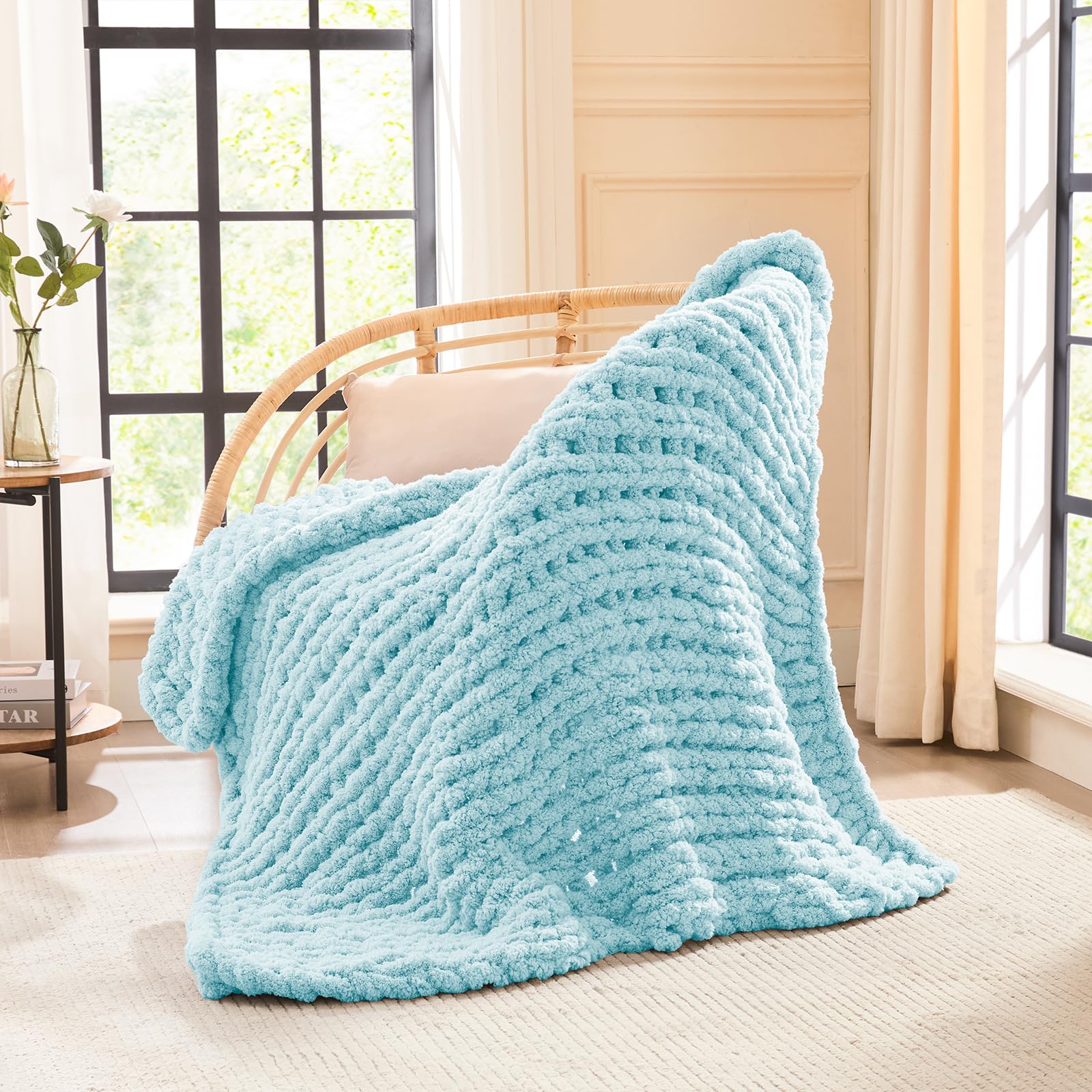 L'AGRATY Chunky Knit Blanket - Soft Chunky Throw 60x80 inches: 100% Hand Kintted Chenile Crochet Throw for Couch - Large Cable Knit Blanket for Home Decor (Ivory)