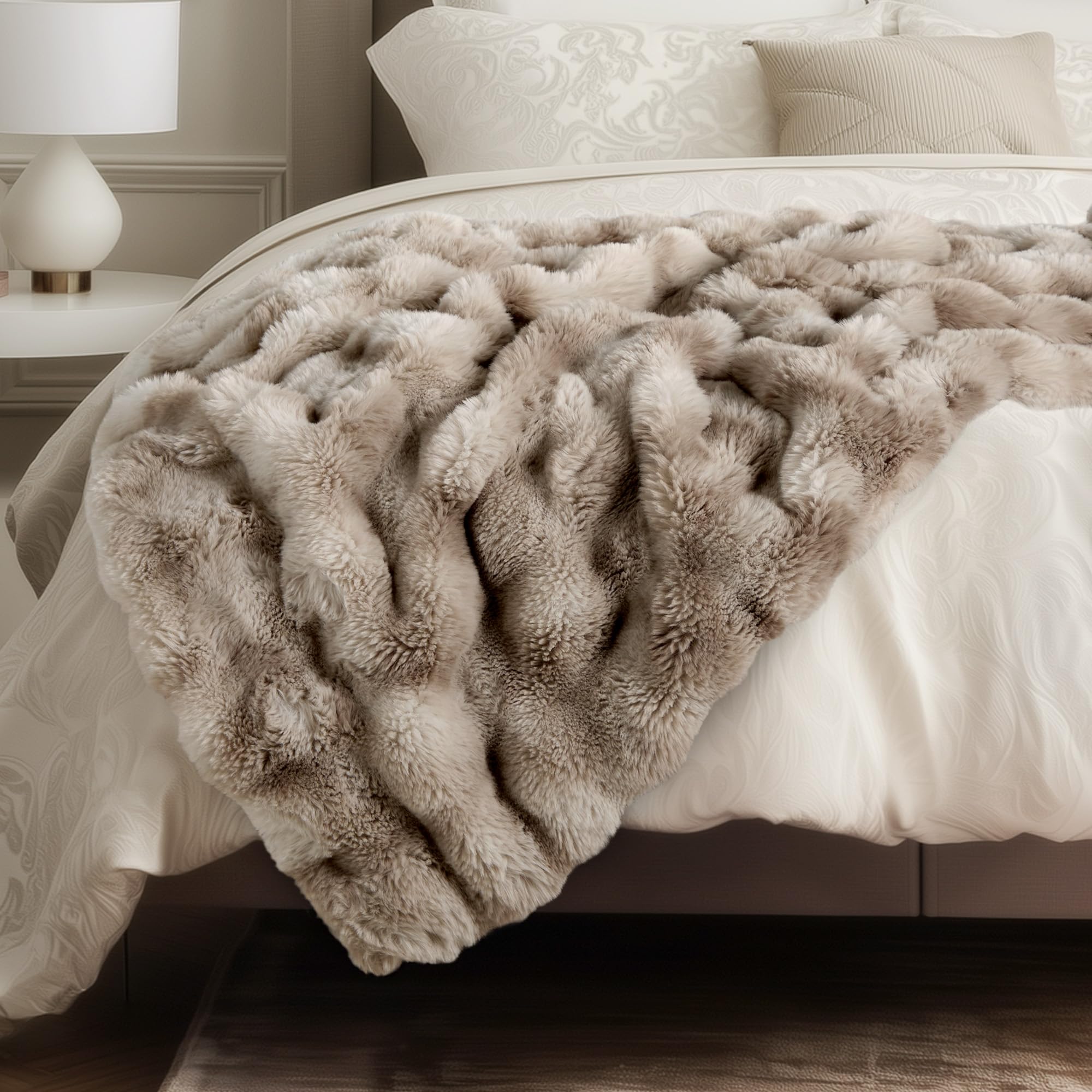 Ultra Soft Cozy Faux Fur Throw Blanket, Fuzzy Plush Thick Bubble Blanket, Oversize Luxury Fluffy Blanket for Couch, Sofa, Bedroom, and Living Room, 50x60 Inches, Light Brown