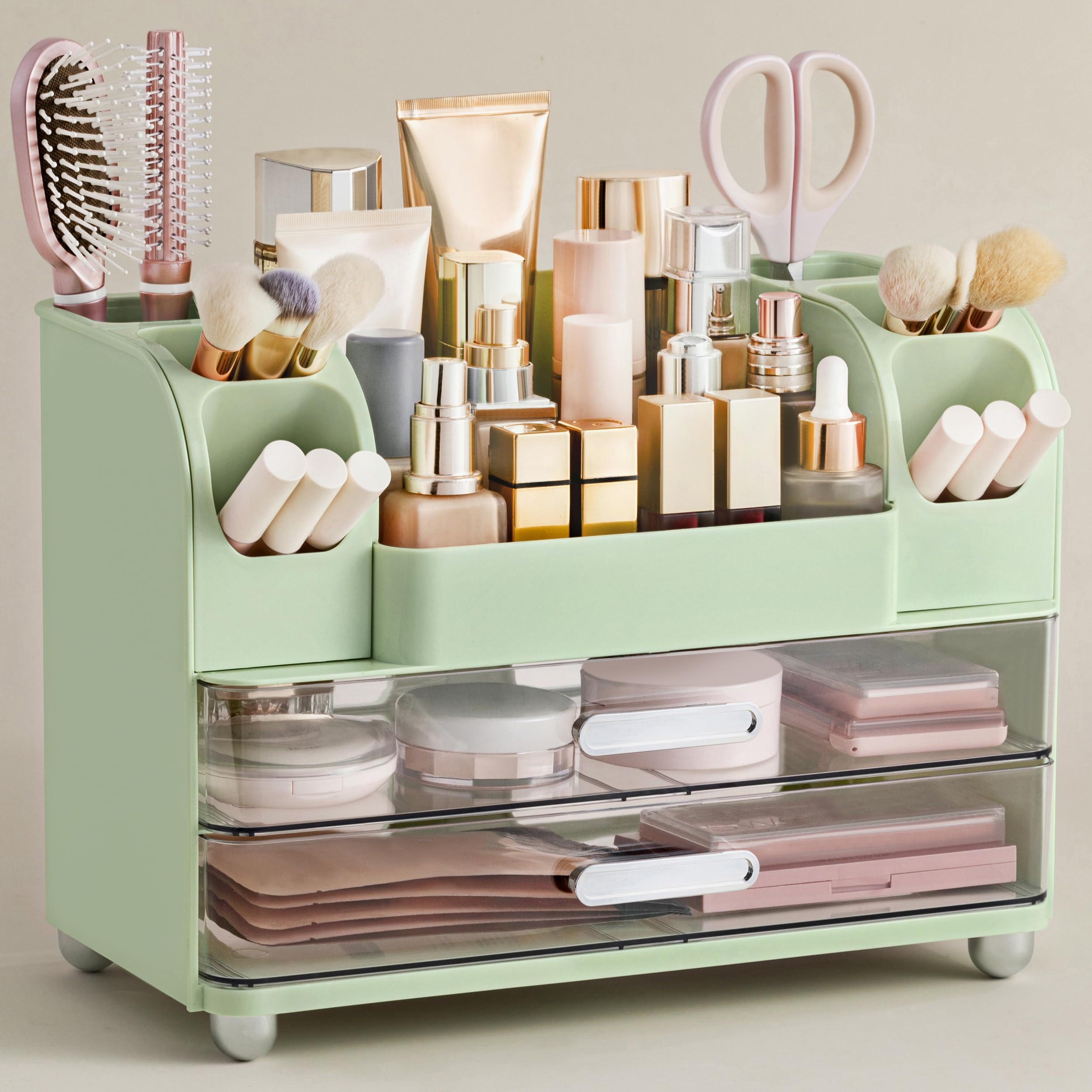 White Large Vanity Cosmetic Organizer with Brush Holder for Skincare & Makeup Storage