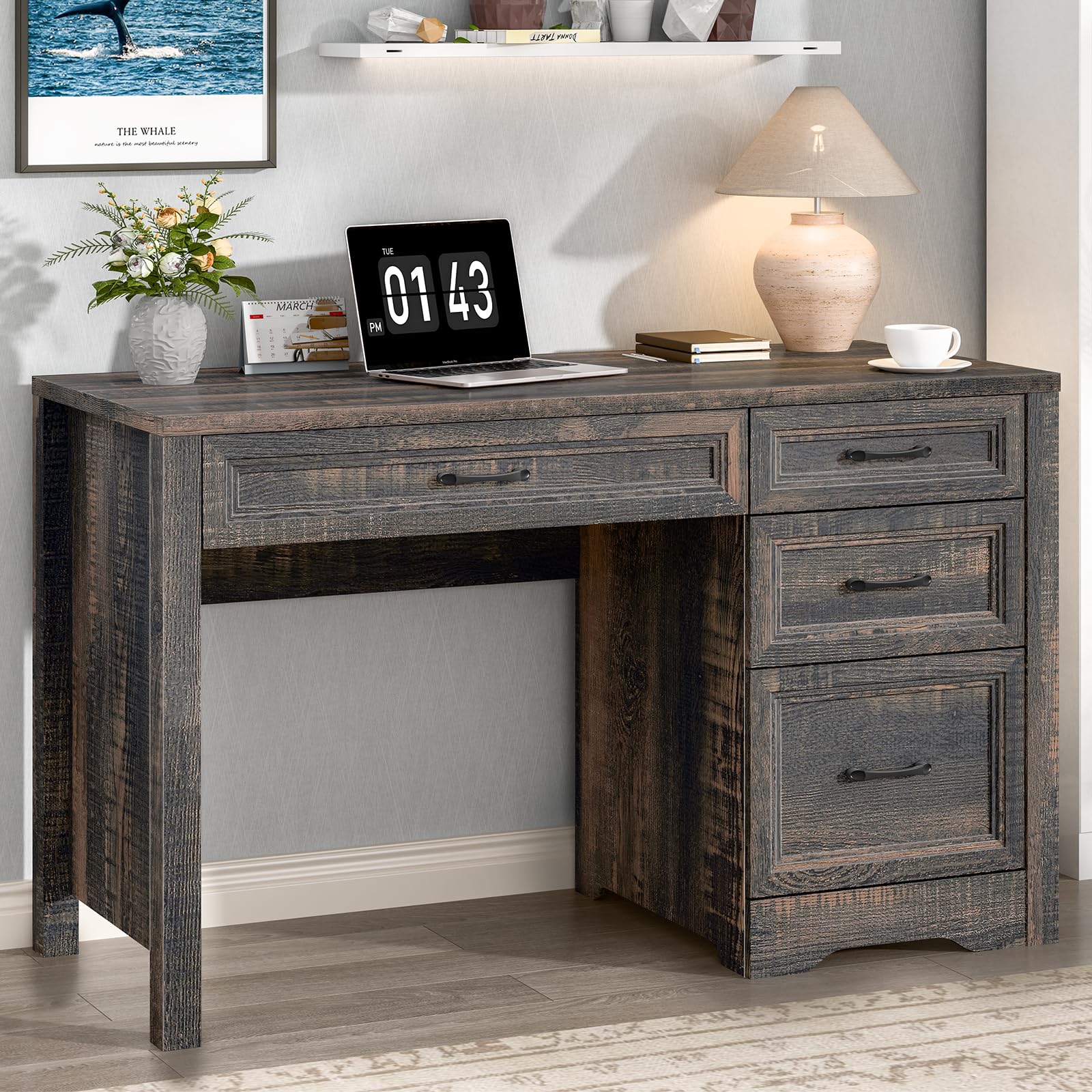 Vabches Farmhouse Executive Desk with Storage and Ample File Drawer, Rustic Large Home Writing Desk for Bedroom, White