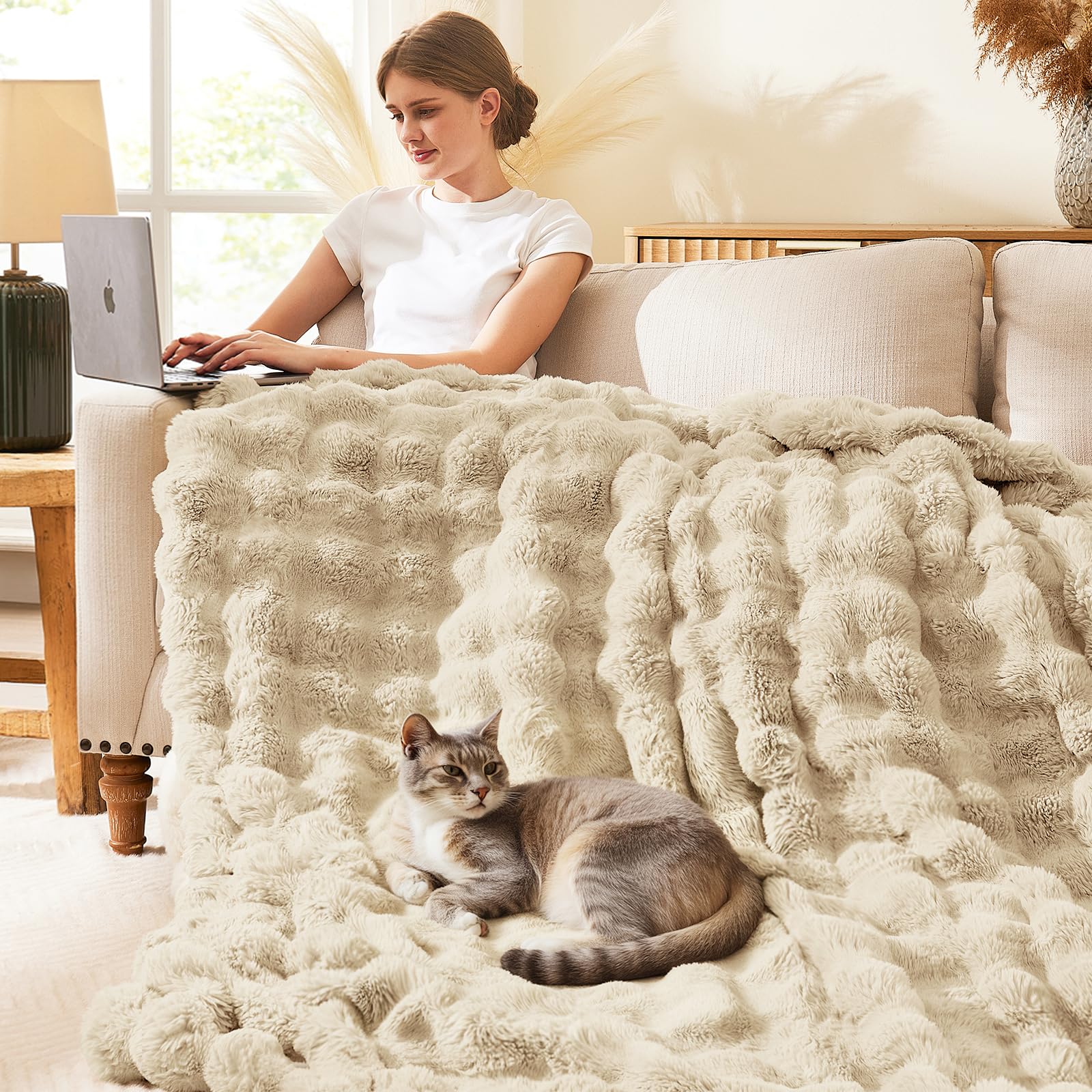 L'AGRATY Faux Rabbit Fur Blanket: 50" x 60" Luxury Soft Fluffy Thick Fur Throw Blanket for Couch Bed Sofa - Cozy Plush Bubble Blankets for Winter: Warm Flannel Fleece Decorative Blanket(Almond White)