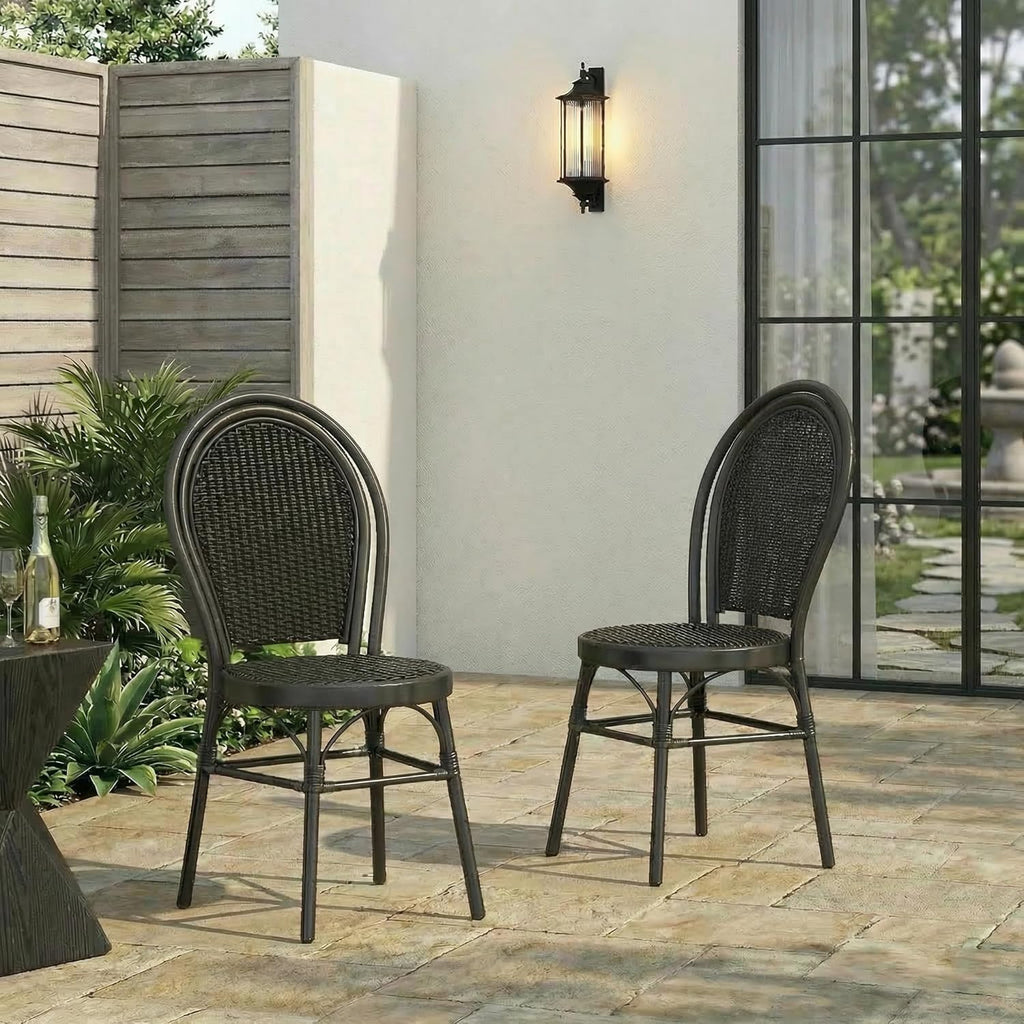 Christopher Knight Home Idle Hour Coastal Outdoor Bistro Chairs Set of 2, Aluminum Patio Dining Chairs Set of 2, Wicker Patio Furniture Amrless Accent Chair for Garden/Backyard/Balcony, Black