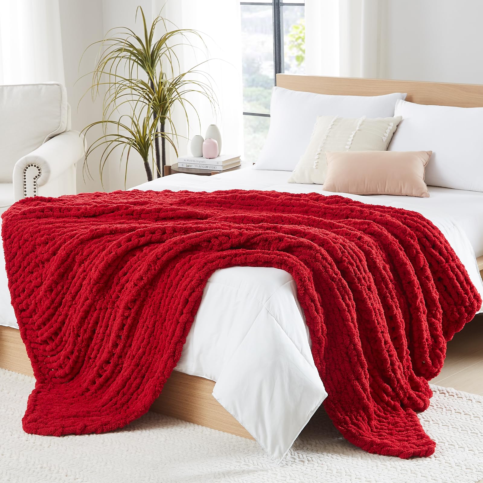 L'AGRATY Chunky Knit Blanket - Soft Chunky Throw 60x80 inches: 100% Hand Kintted Chenile Crochet Throw for Couch - Large Cable Knit Blanket for Home Decor (Ivory)