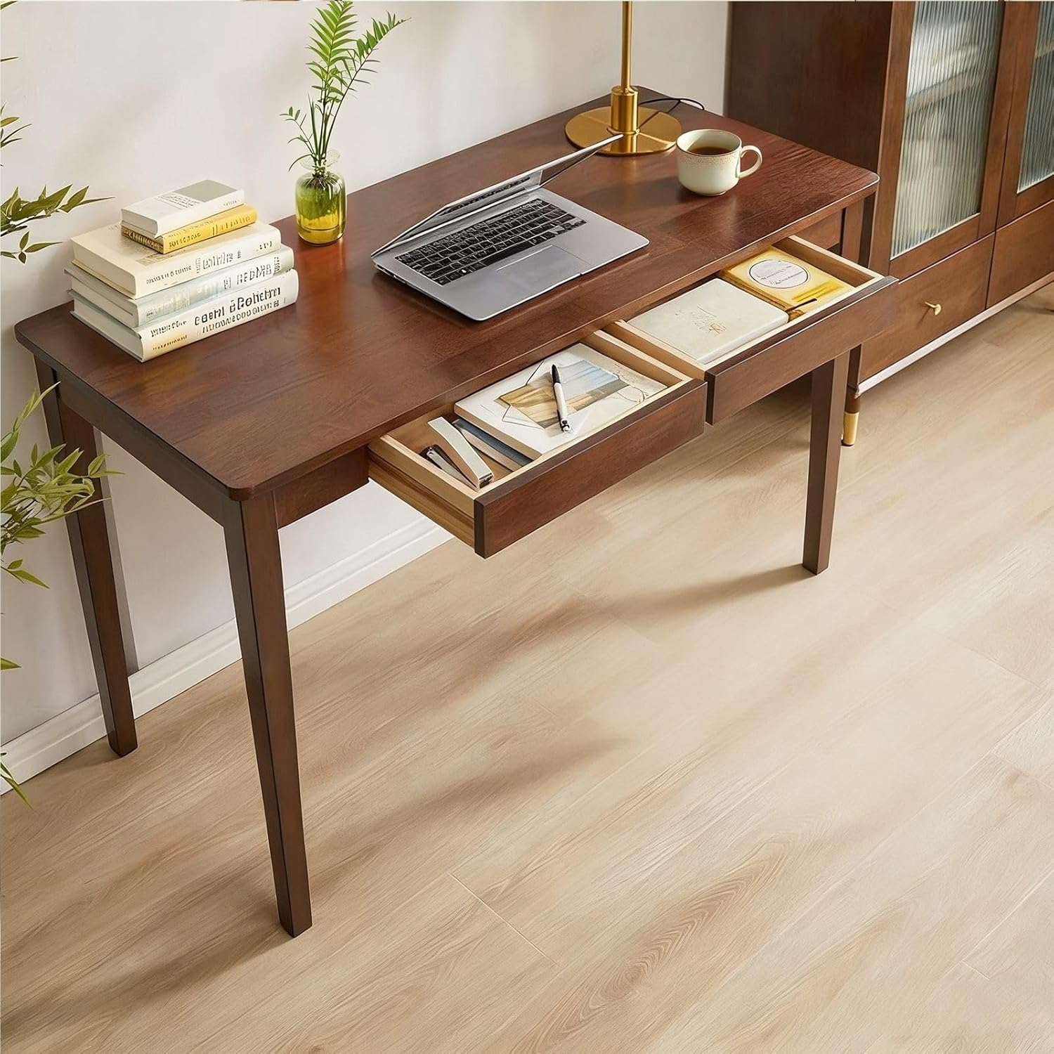 Solid Wood Desk,47" Solid Wood Writing Desk with Drawers,Oak Mid Century Modern Small Computer for Small Spaces Home Office