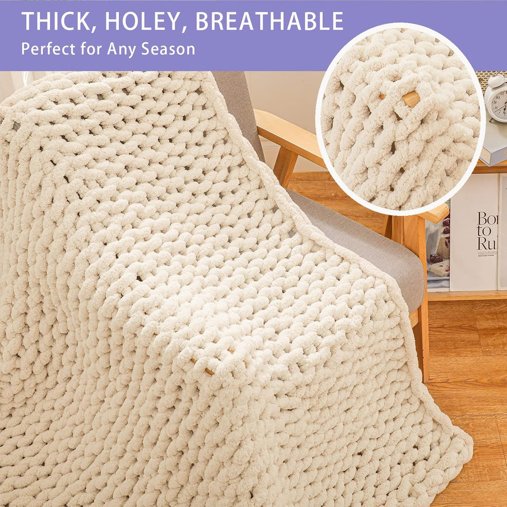 40×60" Beige Hand Knit Jumbo Chenille Chunky Knit Throw Blanket for Sofa & Bed