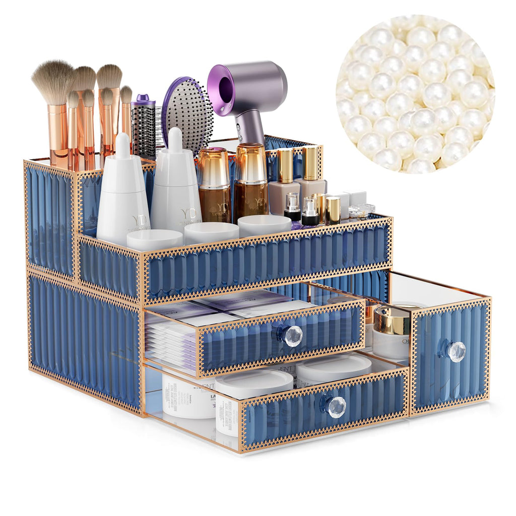 Youdepot Makeup Organizer Blue - Tempered Glass Vanity Organizer for Cosmetics, Skincare, Hair Tools, Brushes, Perfume - Multipurpose Bathroom Counter Skincare Organizer