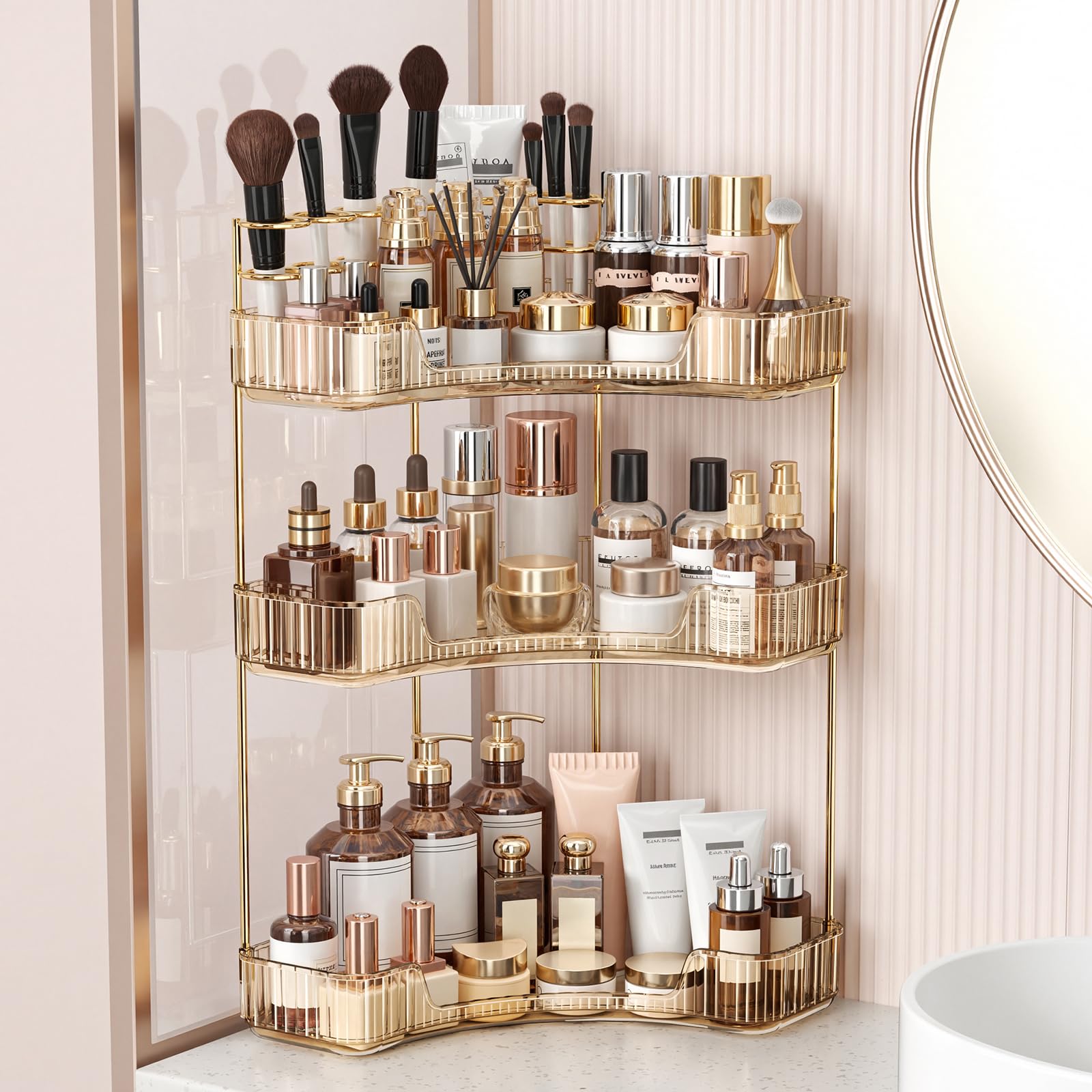 BEFSOP Corner Bathroom Counter Organizer, Upgraded 3-Tier Makeup Organizer Countertop with Makeup Brush Holder, Skincare Exquisite Vanity Organizers Countertop Bathroom Storage Dresser(CLEAR)