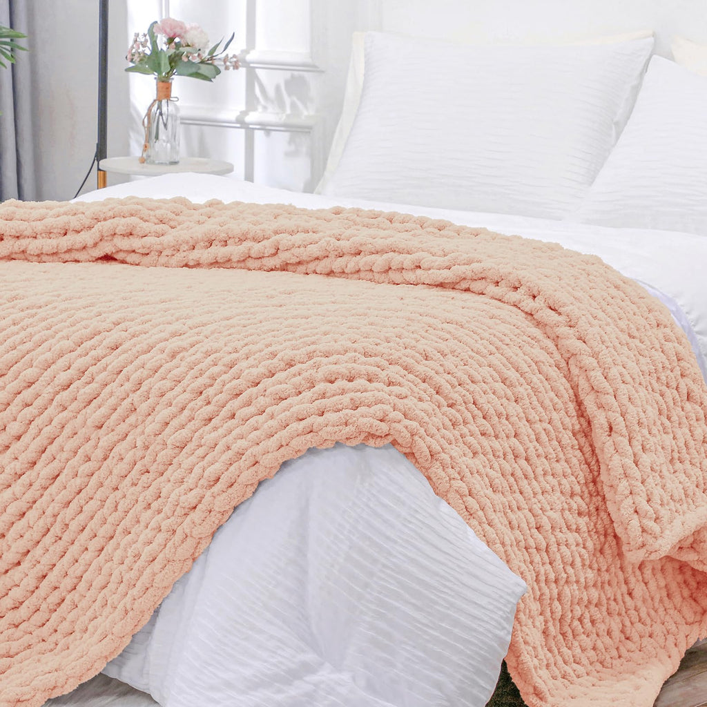 40×60" Beige Hand Knit Jumbo Chenille Chunky Knit Throw Blanket for Sofa & Bed