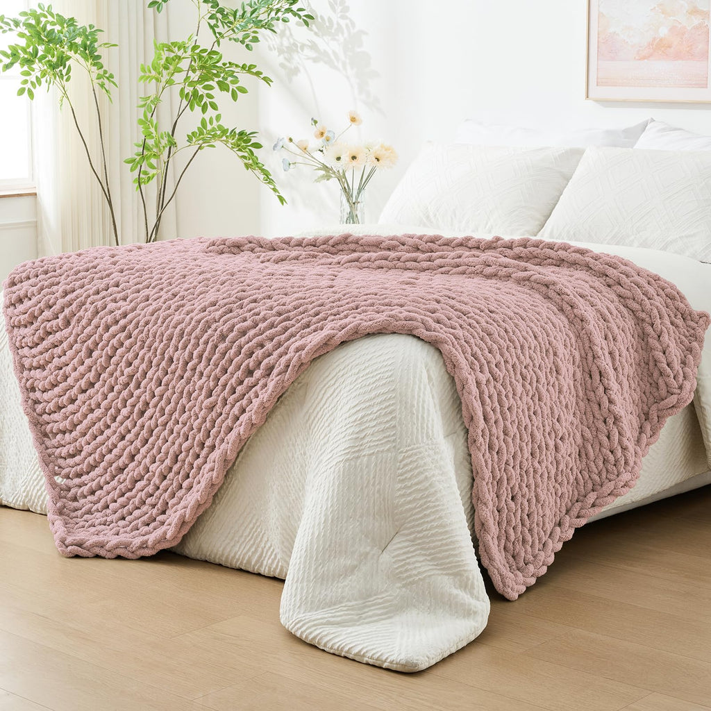 40×60" Beige Hand Knit Jumbo Chenille Chunky Knit Throw Blanket for Sofa & Bed