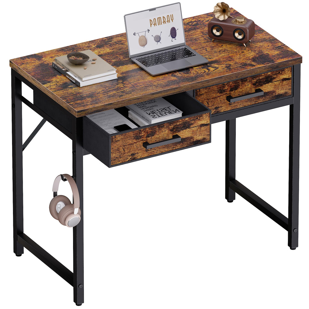 Pamray 32 Inch Small Computer Desk with 2 Drawers for Bedroom Study Writing Home Office Table for Small Spaces Black