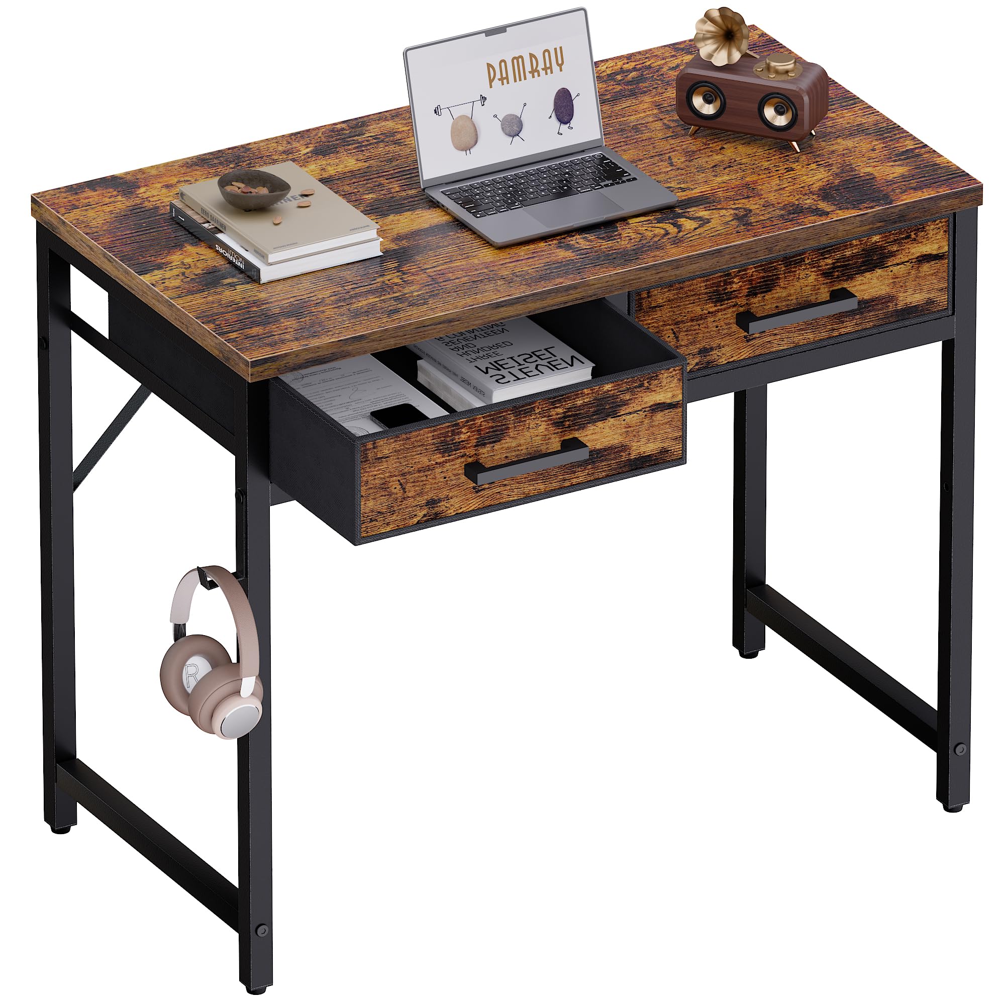 Pamray 32 Inch Small Computer Desk with 2 Drawers for Bedroom Study Writing Home Office Table for Small Spaces Black
