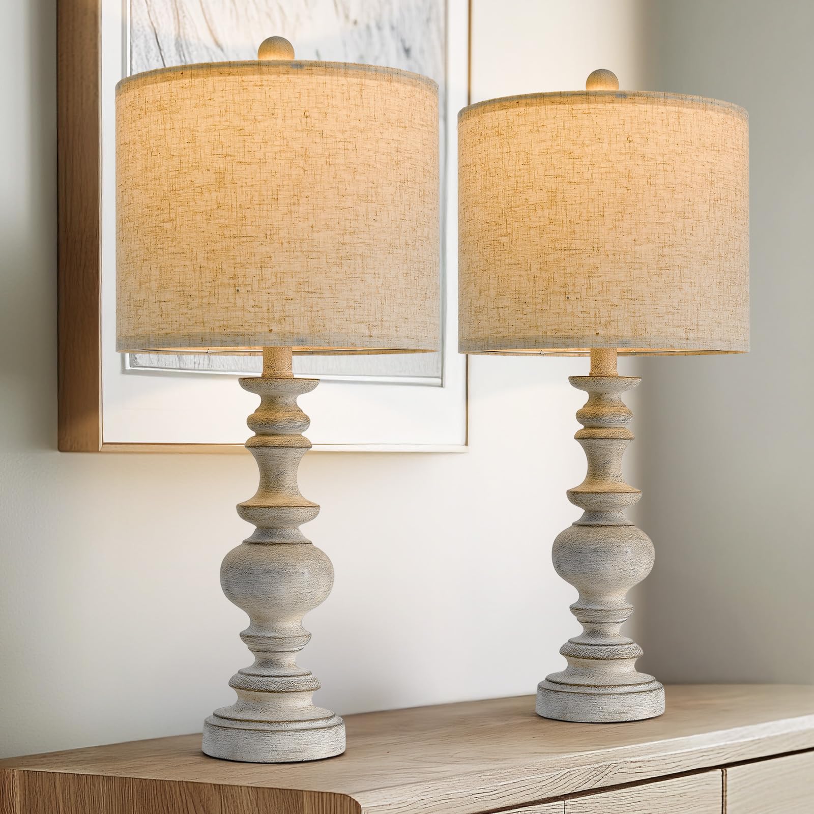 Set of 2 Rustic Farmhouse Linen Table Lamps for Bedroom & Living Room Decor