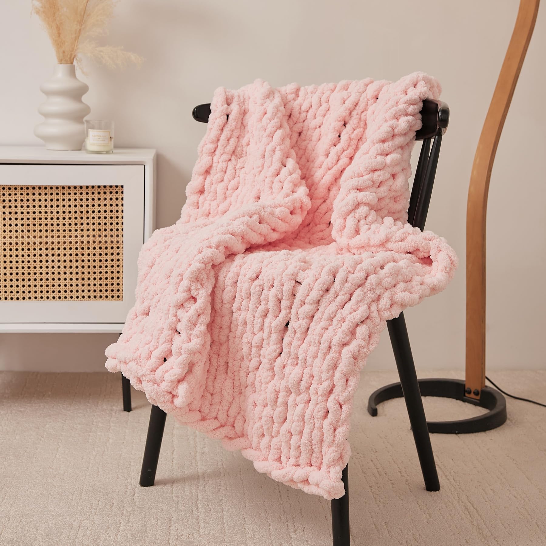 Chunky Knit Blanket Throw 51"×63" Knitted Throw Blankets for Couch Bed Fluffy Soft Blanket with Jumbo Chenille Yarn Thick 100% Handmade(Pink)