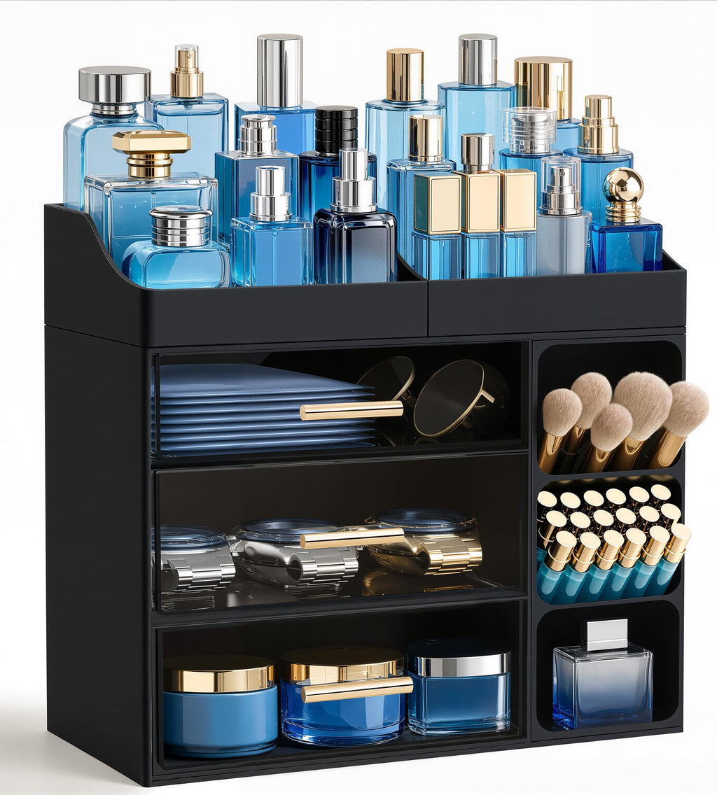 HBlife Makeup Organizer Countertop with Brush Holder,Large Bathroom Counter Organizer with Drawers,Skincare Organizers for Vanity,Plastic Dresser Organizer Storage Gift for Women Girl Mom,All White
