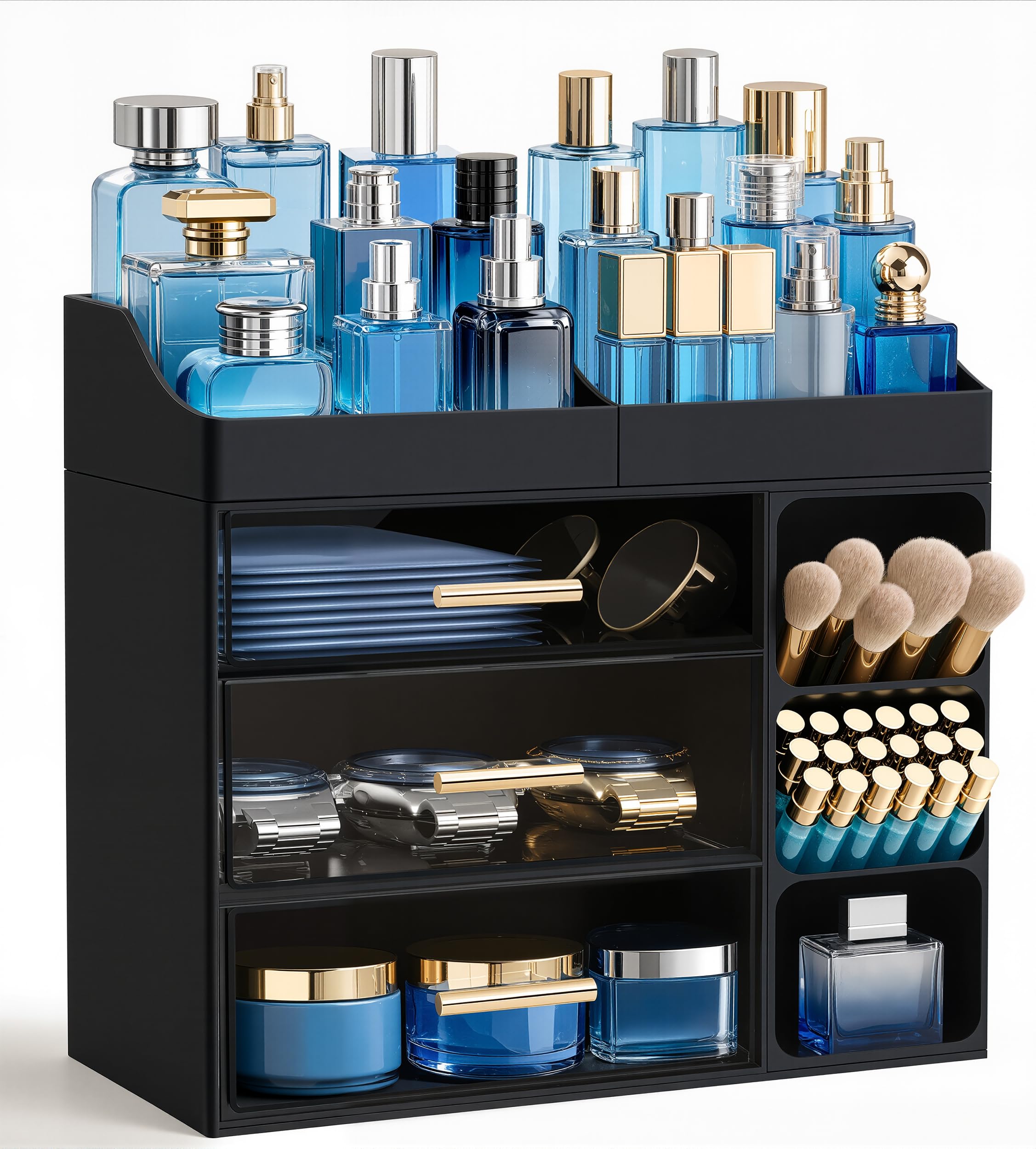 HBlife Makeup Organizer Countertop with Brush Holder,Large Bathroom Counter Organizer with Drawers,Skincare Organizers for Vanity,Plastic Dresser Organizer Storage Gift for Women Girl Mom,All White