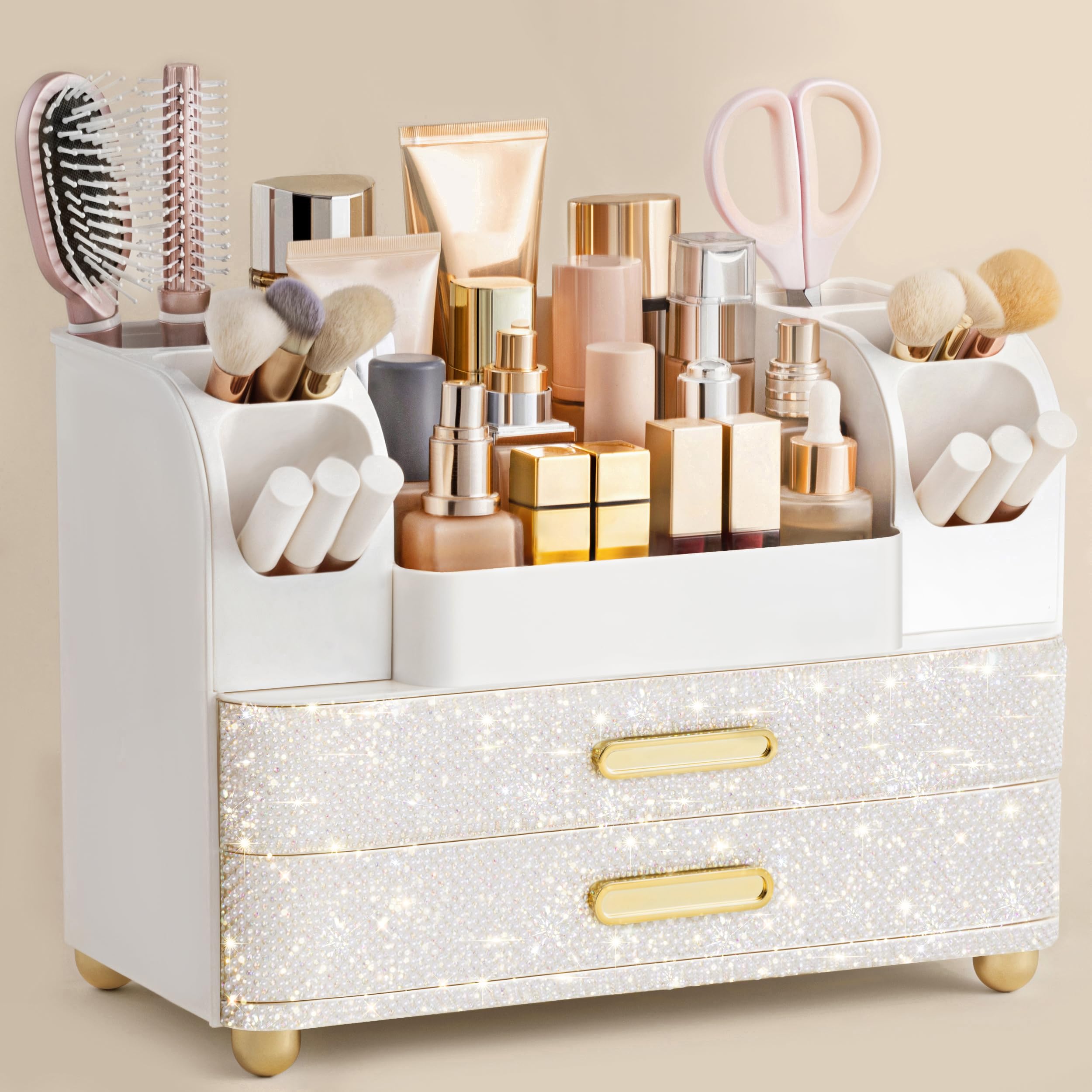 White Large Vanity Cosmetic Organizer with Brush Holder for Skincare & Makeup Storage
