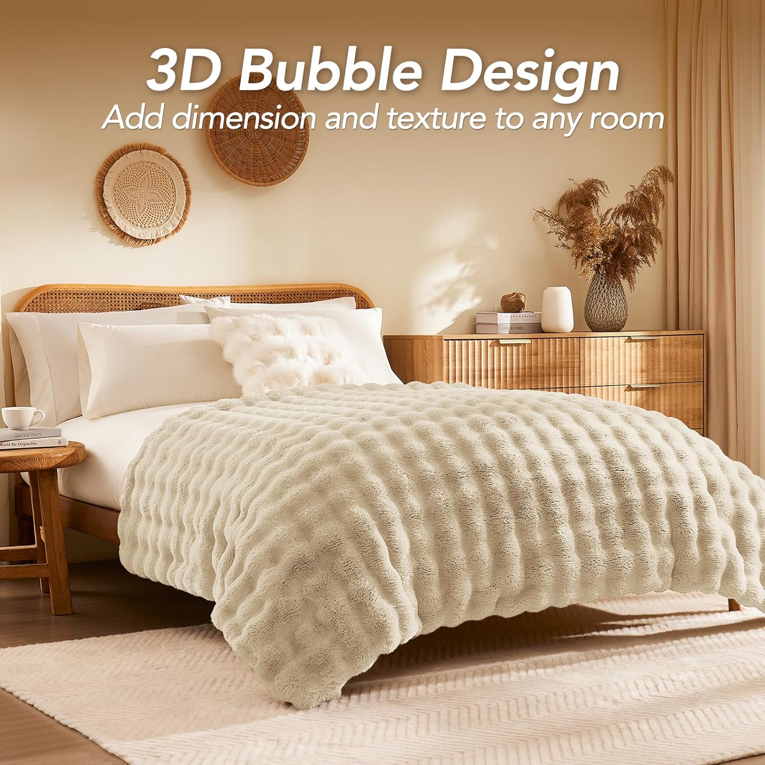 L'AGRATY Faux Rabbit Fur Blanket: 50" x 60" Luxury Soft Fluffy Thick Fur Throw Blanket for Couch Bed Sofa - Cozy Plush Bubble Blankets for Winter: Warm Flannel Fleece Decorative Blanket(Almond White)