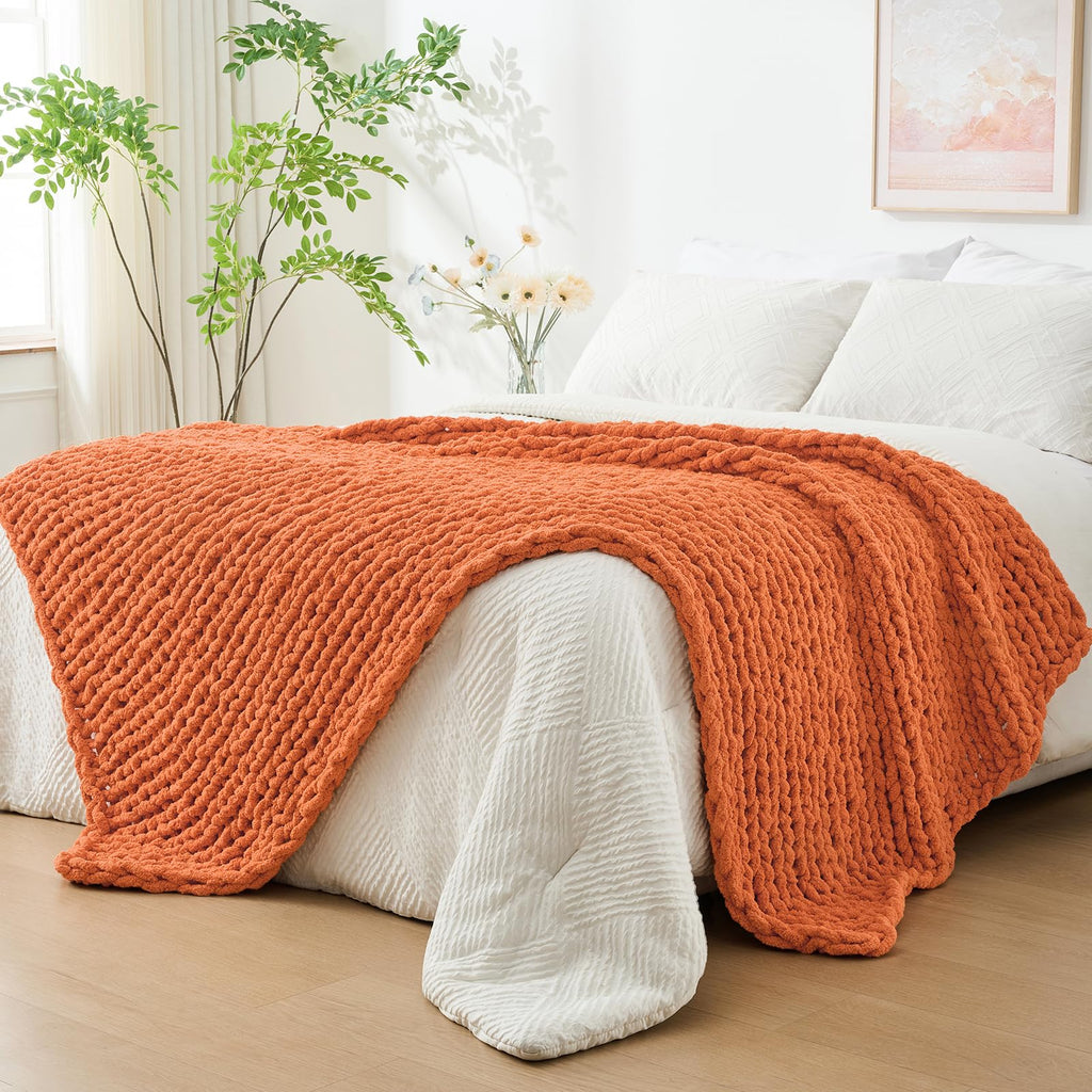 40×60" Beige Hand Knit Jumbo Chenille Chunky Knit Throw Blanket for Sofa & Bed