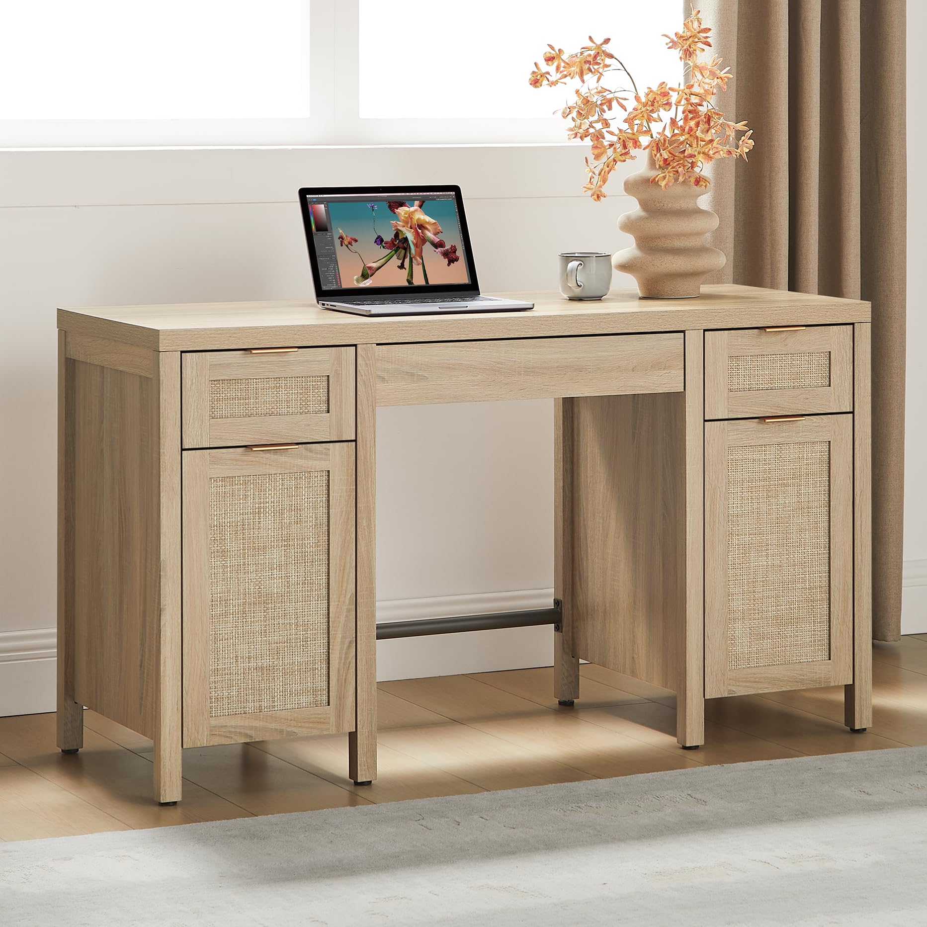 SICOTAS 52" Rattan Home Office Desk with 3 Drawers: Boho Executive Desk with 2 Storage Cabinets, Large Computer Writing Table for Study, Office, Living Room