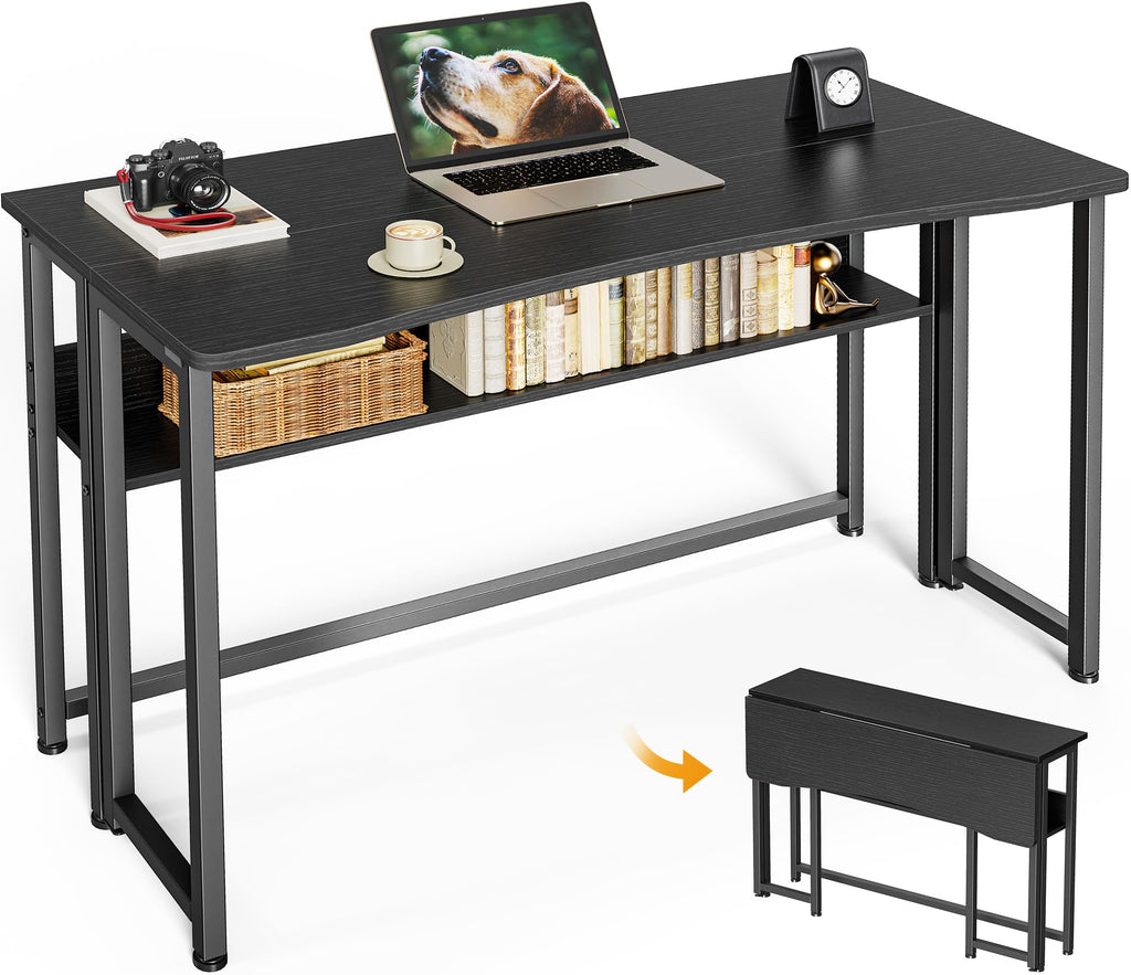 Huuger Folding Desk with Storage Shelf, 31.5 Inch Foldable Computer Table for Small Spaces, Space Saving Sofa Table for Couch, Writing Work Office Computer Desk, Easy to Fold, Rustic Brown