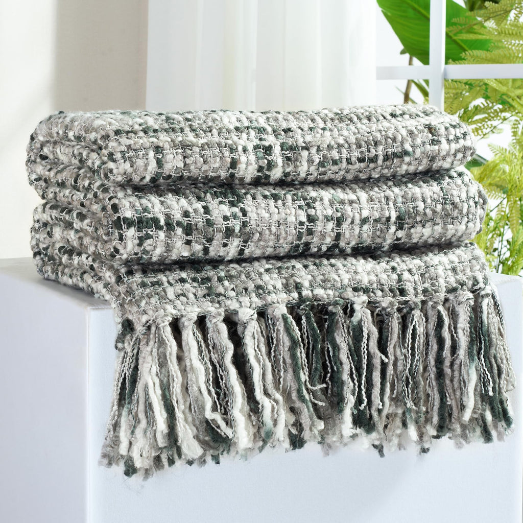 Multi-Color Green Cable Woven Throw Blanket for Couch,60"X80" Boho Style Textured Blankets for Home Decor,Super Soft Warm Cozy Chunky Blanket with Decorative Tassels for Bed and Sofa