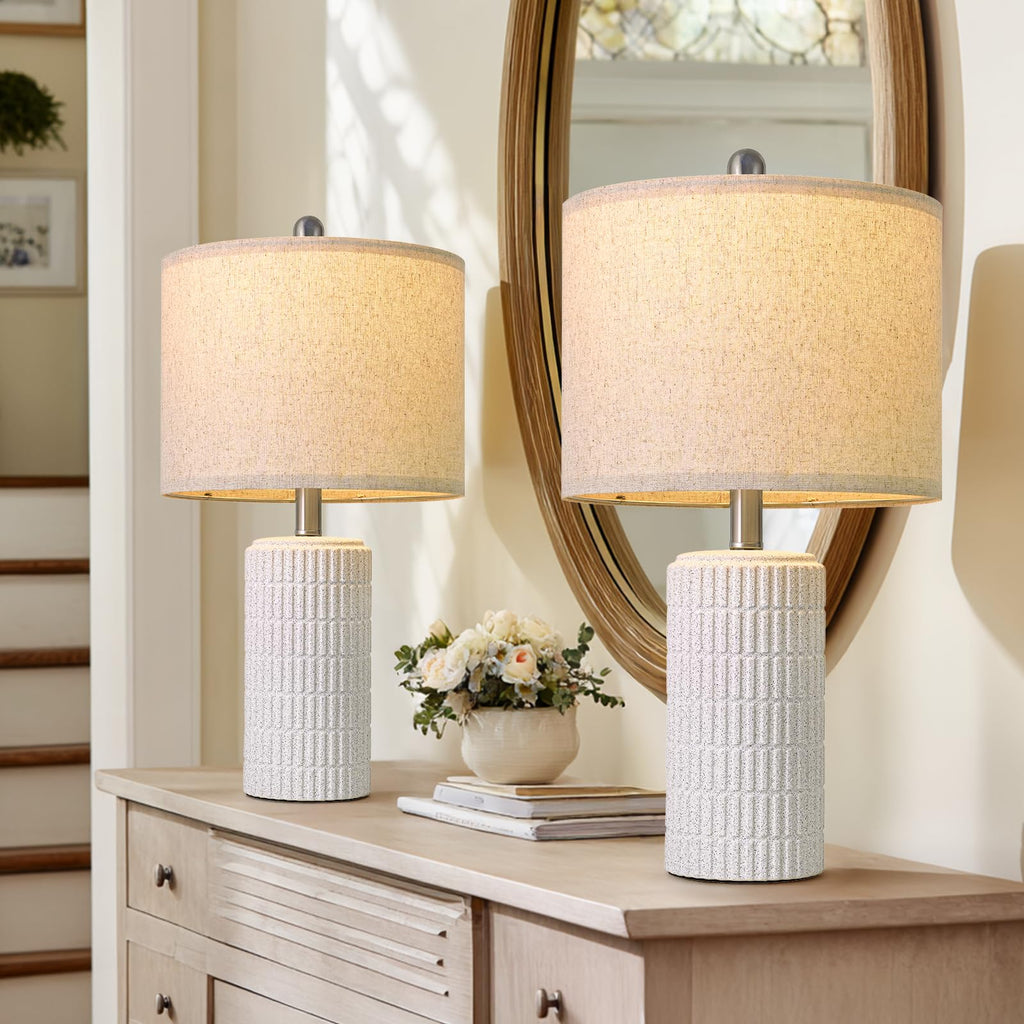 PoKat 20.75" Small Modern Ceramic Table Lamps Set of 2 for Bedroom, White Bedside Lamps for Night Stands, Farmhouse Desk Decor Gift Nightstand Table Lamps for Living Room End Table Beige