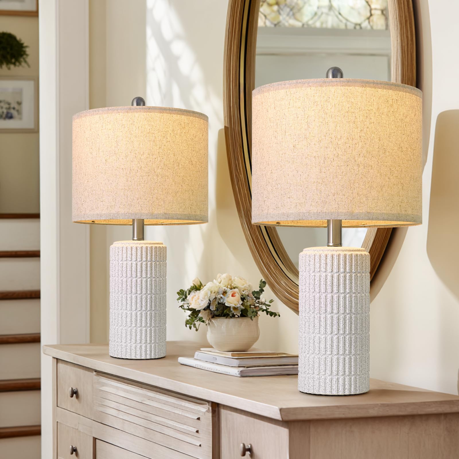 PoKat 20.75" Small Modern Ceramic Table Lamps Set of 2 for Bedroom, White Bedside Lamps for Night Stands, Farmhouse Desk Decor Gift Nightstand Table Lamps for Living Room End Table Beige