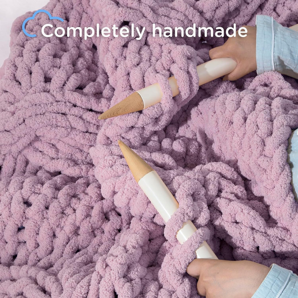 Chunky Knit Blanket Throw - 100% Hand Knitted Chunky Soft Throw Blanket for Couch, Thick and Warm Blanket for Winter, Purple, 50x60 Inches