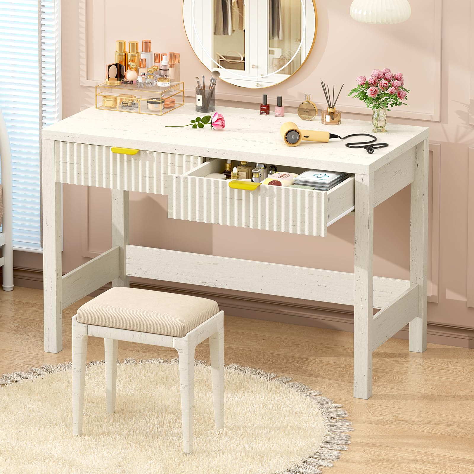 YOMILUVE Fluted Computer Desk with 2 Drawers, 39 Inch Small Computer Desk with Storage, Compact Writing Study Desk for Small Spaces