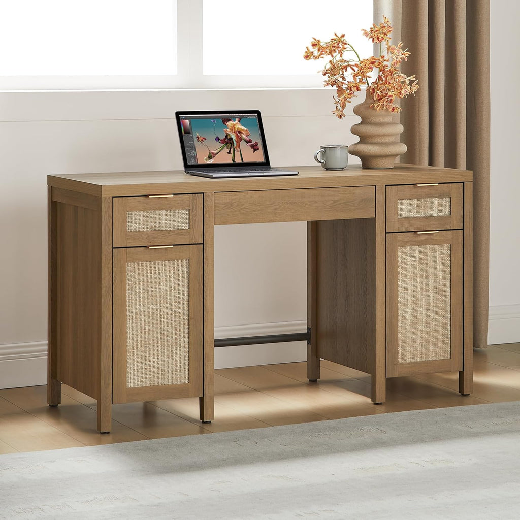 SICOTAS 52" Rattan Home Office Desk with 3 Drawers: Boho Executive Desk with 2 Storage Cabinets, Large Computer Writing Table for Study, Office, Living Room